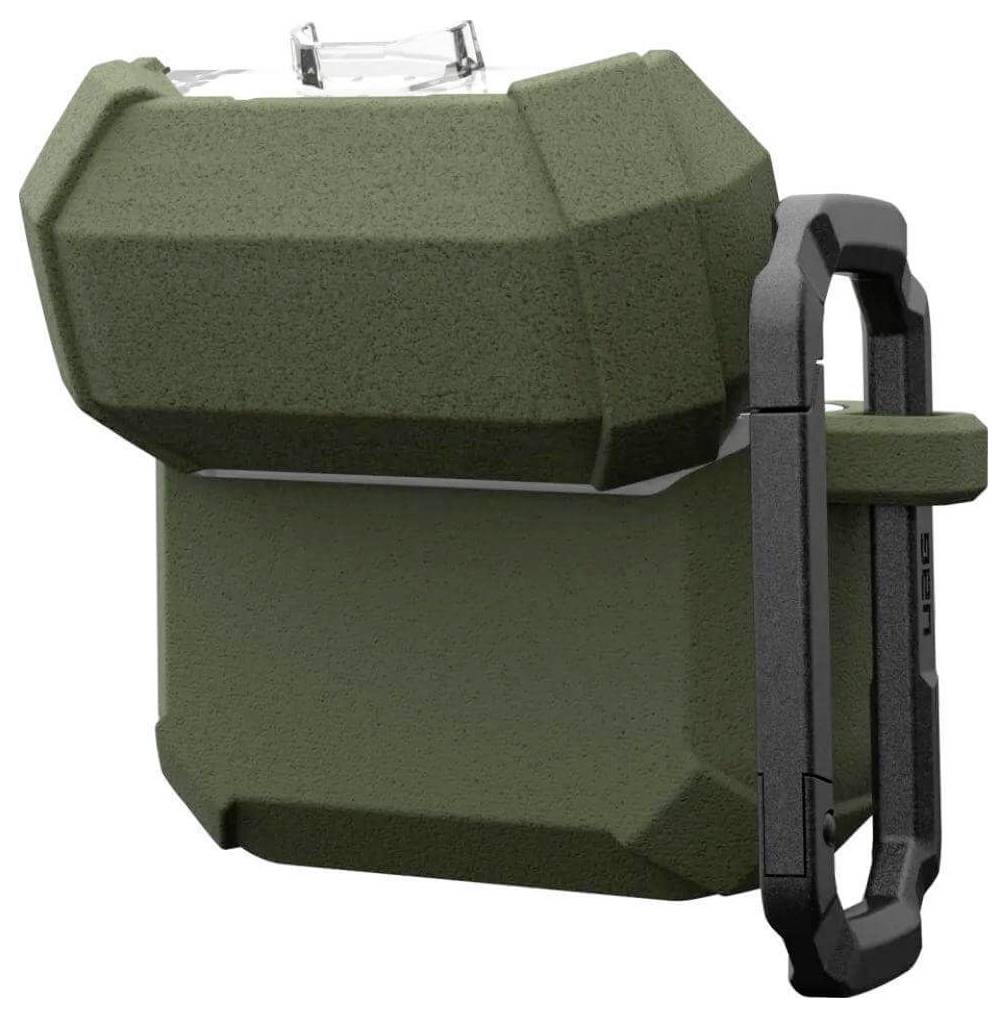 Kleine grüne, robuste, rechteckige Kunststoffbox mit schwarzem Karabiner an der Seite.