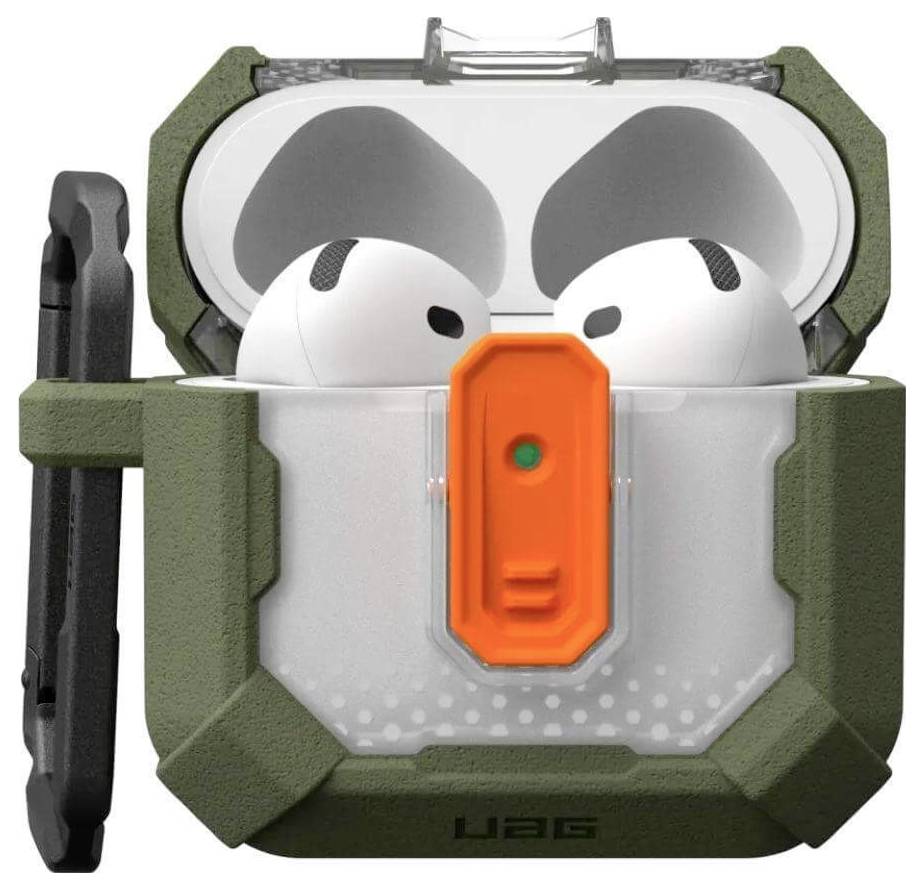 Ein robustes, olivgrünes Schutzetui mit Orangenclip für kabellose Ohrhörer. Der Deckel ist geöffnet, und die Ohrhörer sind sichtbar.