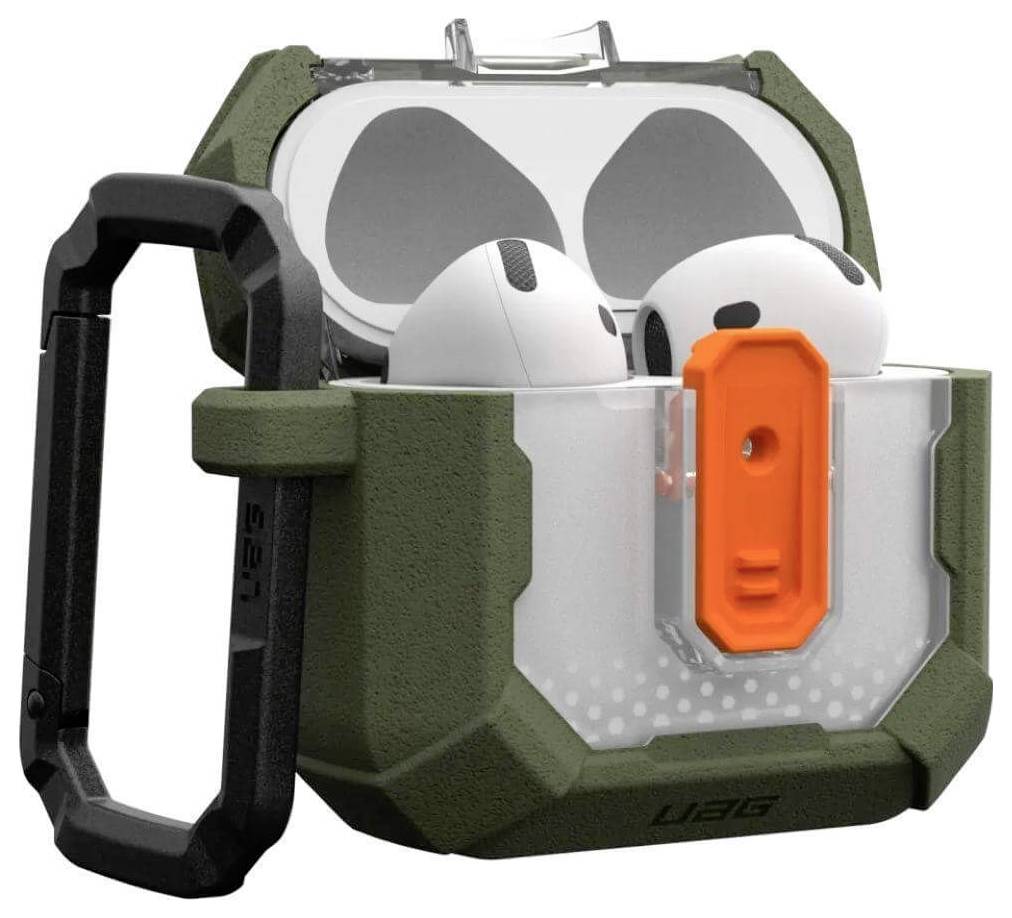 Grünes und transparentes Gehäuse mit orangenem Verschluss für kabellose Ohrhörer, bietet Schutz und Portabilität.