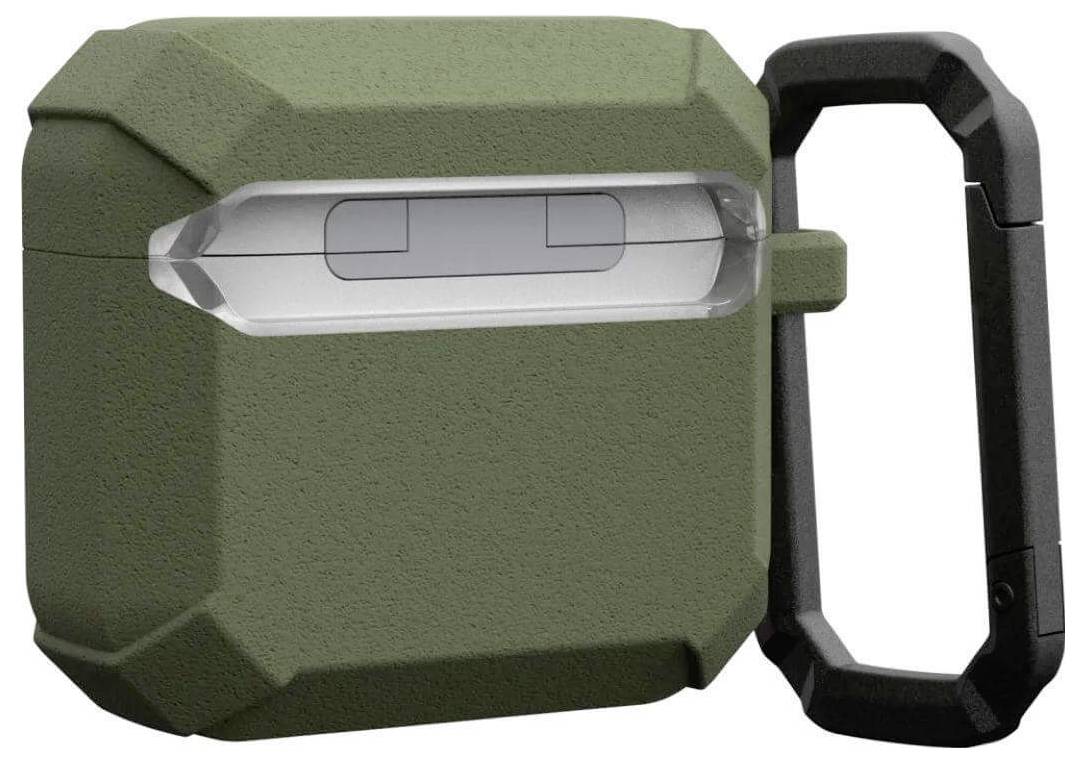 Grünes, robustes Etui mit Karabinerhaken für kabellose Ohrhörer. Rechteckige Form mit sichtbarem Ladezustandsanzeiger.