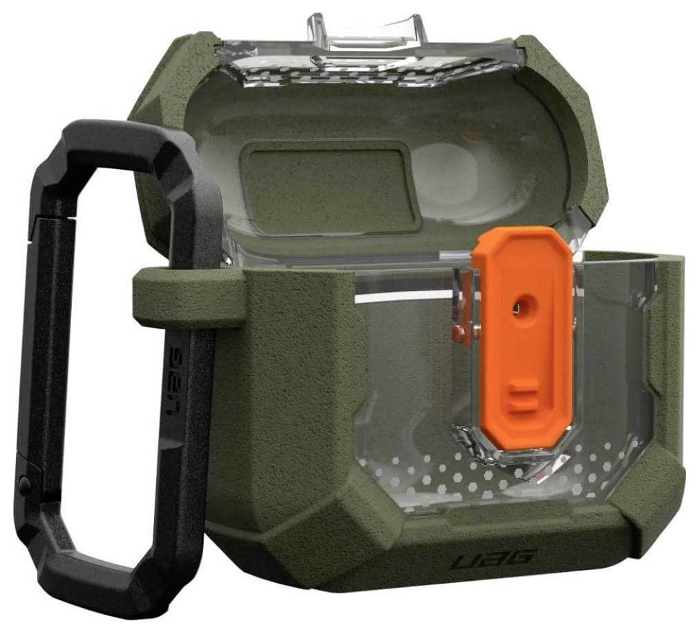 Grünes, robustes Etui mit durchsichtigem Deckel von UAG, offen mit orangem Einsatz und schwarzem Karabiner, geeignet für AirPods.