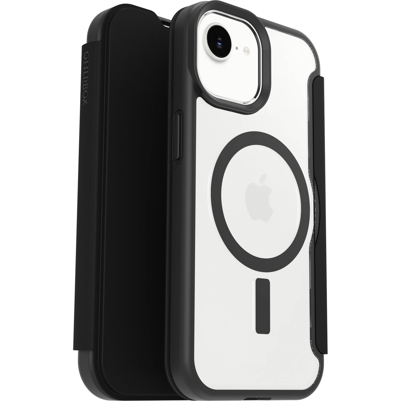 Schwarze und transparente iPhone-Hülle mit MagSafe-Ring und erhöhtem Kameraschutz, von hinten auf weißem Hintergrund abgebildet.