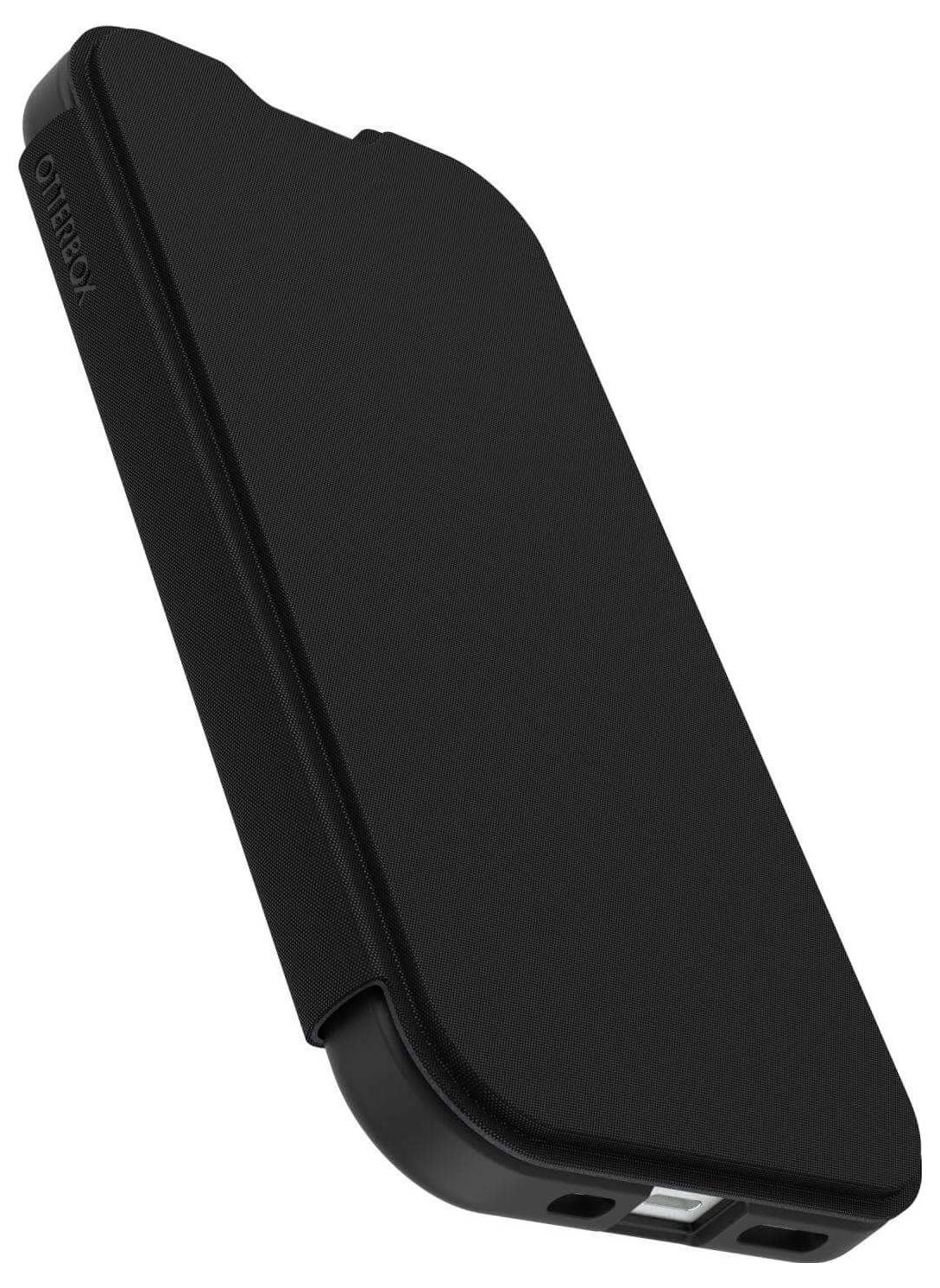 Ein schwarzes Smartphone-Hülle mit geschlossenem Klappdeckel, zeigt den USB- und Kopfhöreranschluss am unteren Rand.