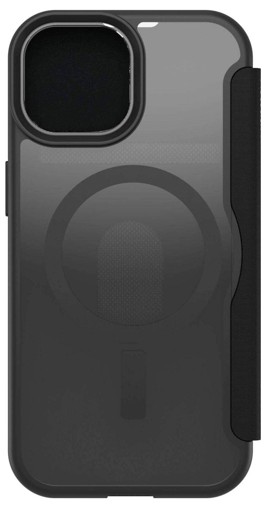 Schwarzes Smartphone mit transparentem Schutzgehäuse, Kameraausschnitt und runder Magnetfläche auf der Rückseite, stehend.