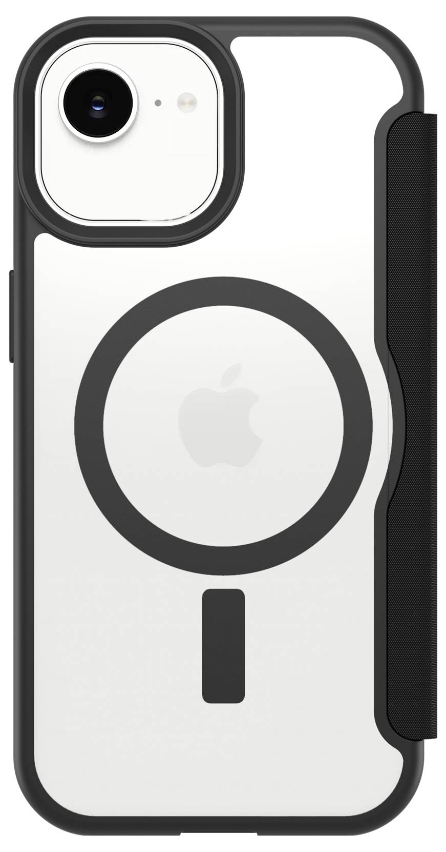 Weißes iPhone in einer schwarzen Schutzhülle mit MagSafe-Laderring und Kameraausschnitt, von hinten gezeigt.