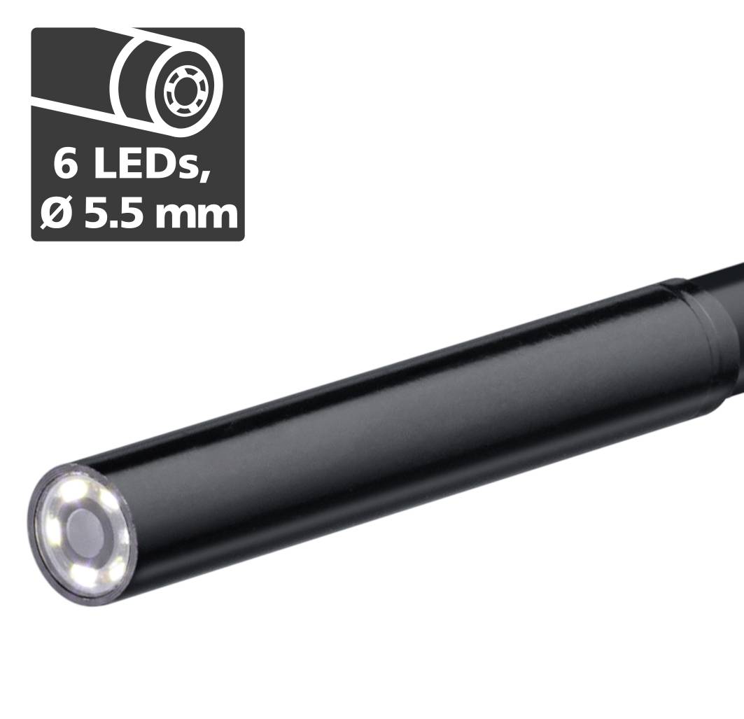 Endoskopkamera mit 6 LEDs, Durchmesser 5,5 mm, schwarz.