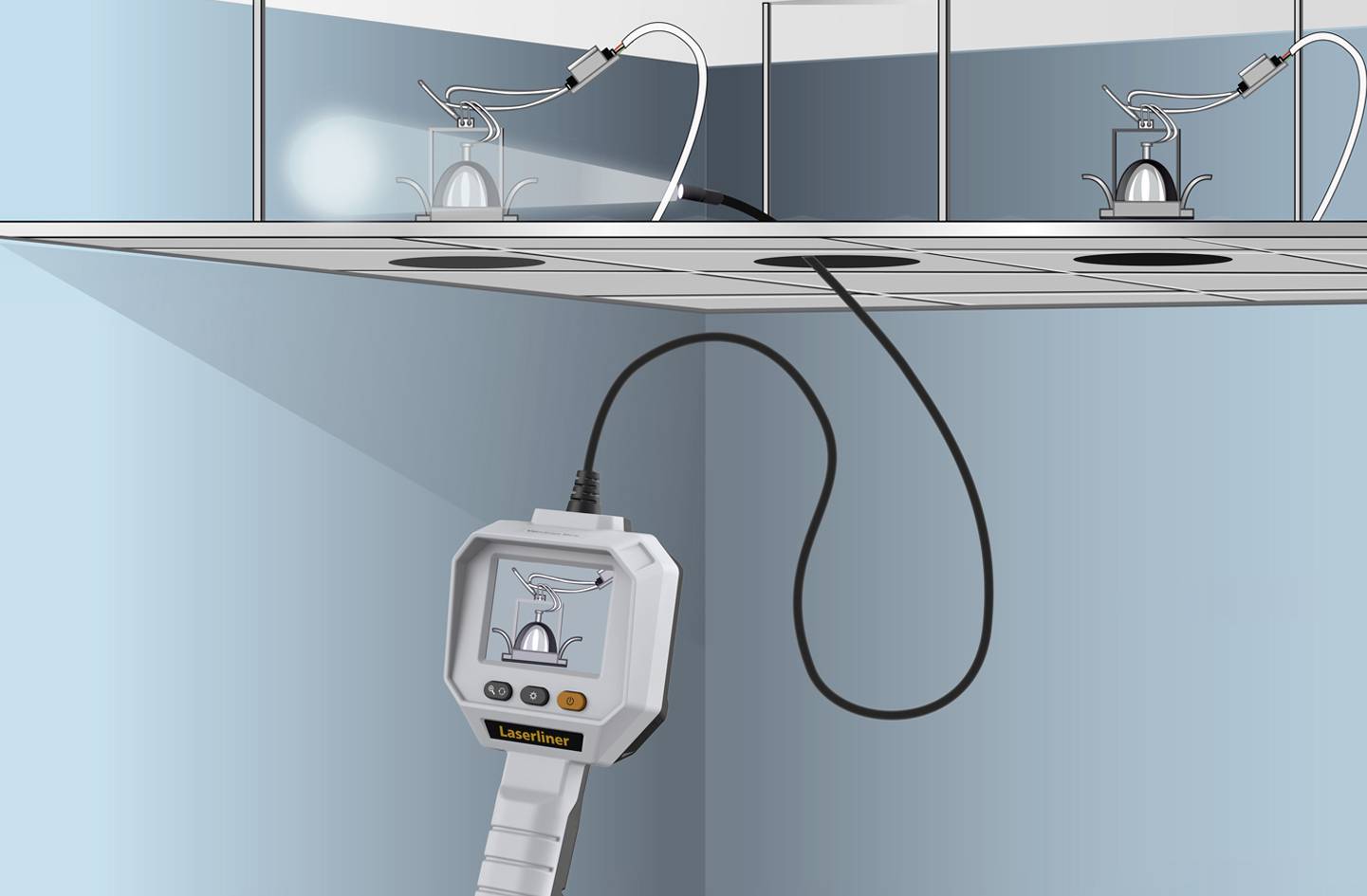 Ein Endoskop wird verwendet, um in der Zwischendecke nach einem Leck zu suchen. Auf dem Bildschirm ist ein Wasserkocher sichtbar.