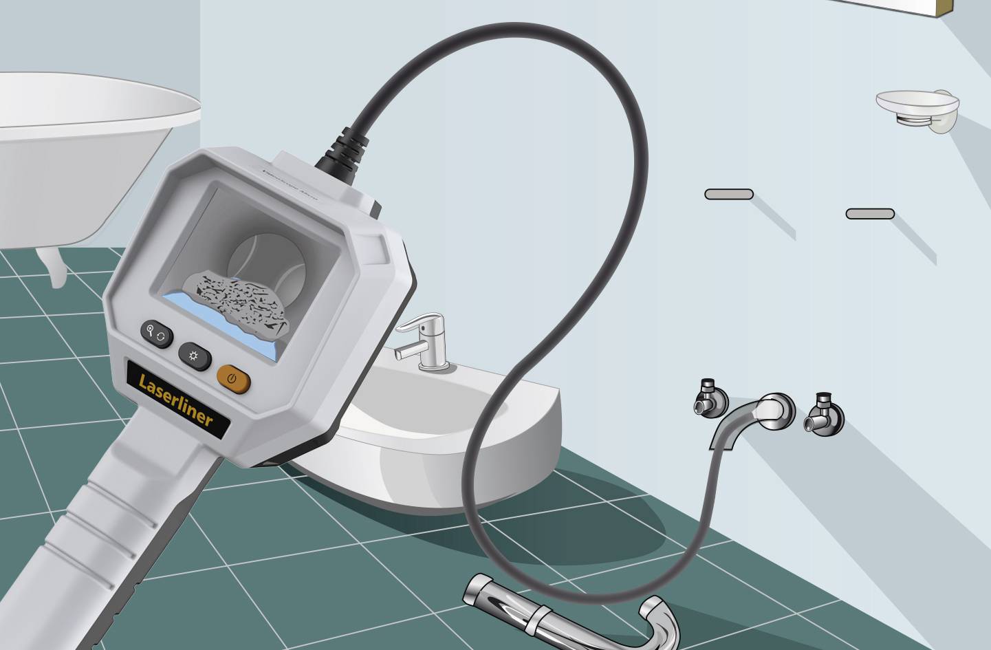 Ein Inspektionsgerät für Rohre wird im Badezimmer verwendet, um den Zustand der Leitungen zu überprüfen. Eine Badewanne und ein Waschbecken sind zu sehen.