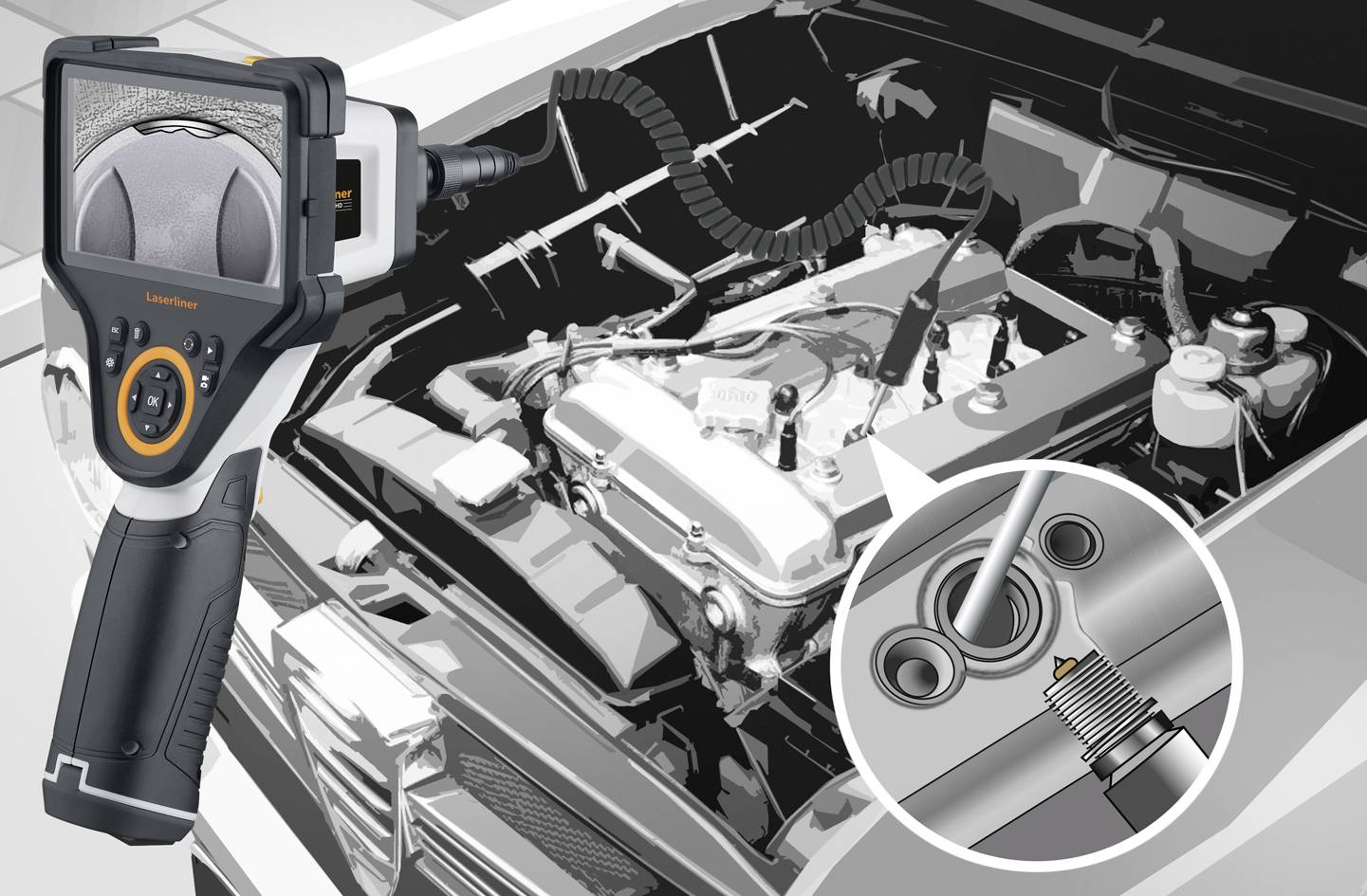 Endoskop-Kamera untersucht Autokolben über Zündkerzenöffnung. Vergrößerungsansicht zeigt detaillierte Innenmechanik.