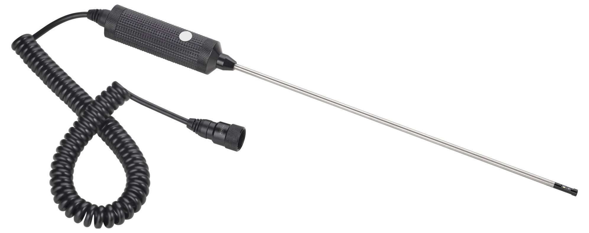 Ein langer, Metallstab-Thermometer mit Spiralkabel und Kunststoffgriff, verwendet zur Temperaturmessung in verschiedenen Anwendungen.