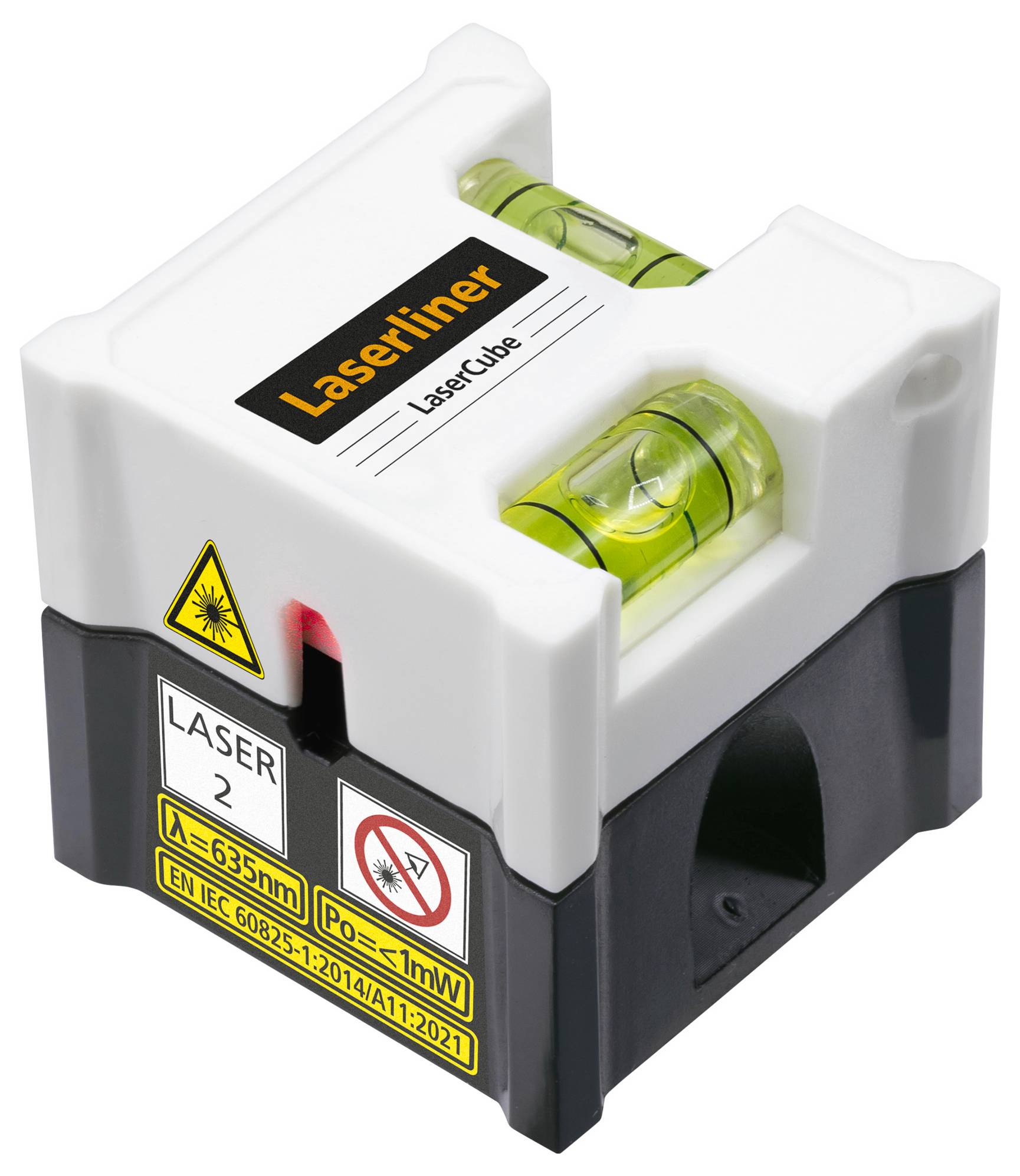 Ein quadratischer Laser mit zwei Libellen zur Ausrichtung. Aufschrift 'Laserliner LaserCube', Warnhinweis für Laserklasse 2.