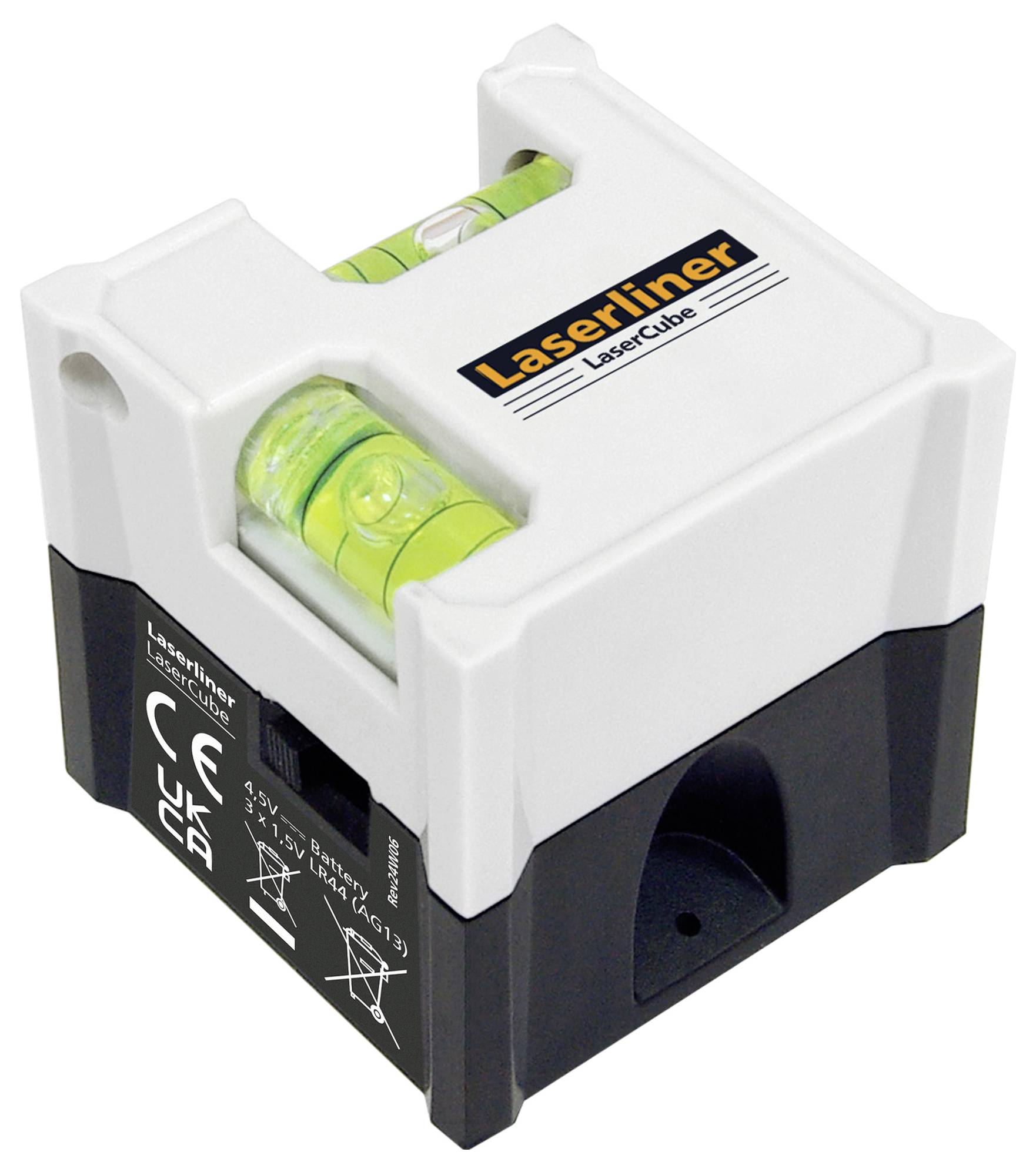 Ein kompakter Laserliner LaserCube mit Wasserwaage und CE-Kennzeichnung, ideal für präzise Messungen und Ausrichtungen.