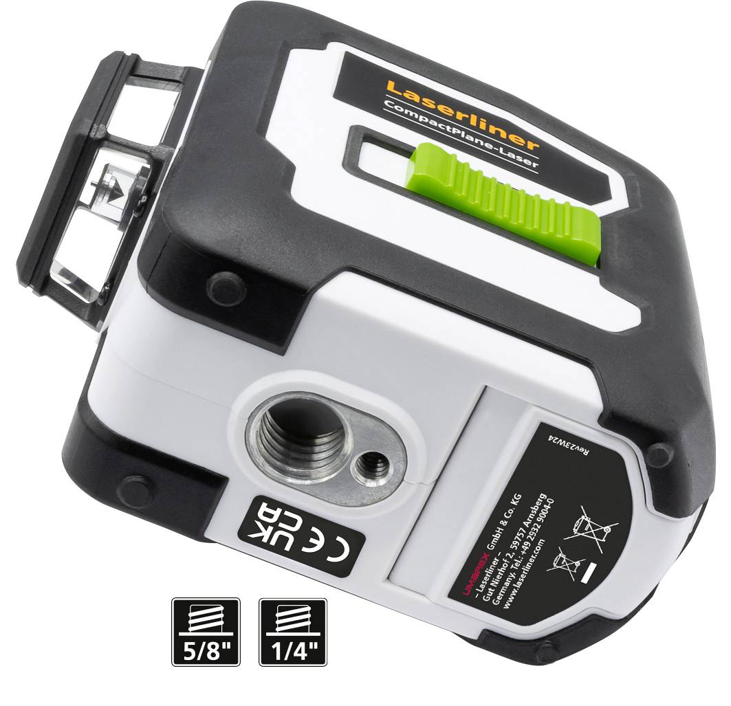 Ein kompakter Kreuzlinienlaser mit zwei Stativanschlüssen (5/8