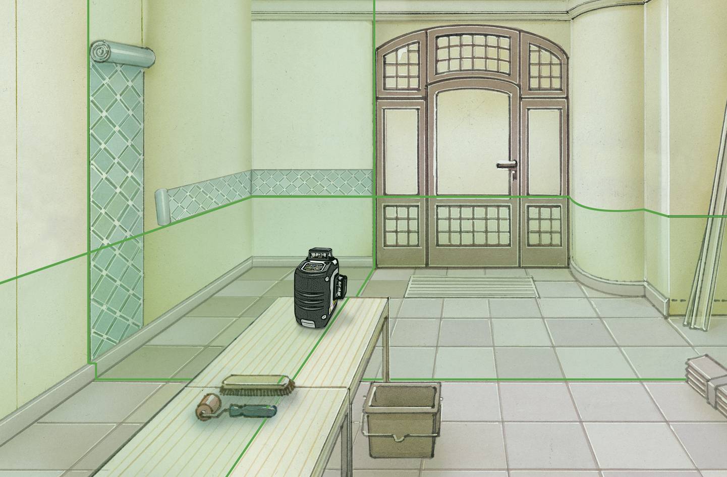 Ein Raum mit Fliesenboden, Holztür mit Glaseinsätzen, Tapeziertisch, Werkzeugkasten und Tapete. Objekte stehen zur Renovierung bereit.