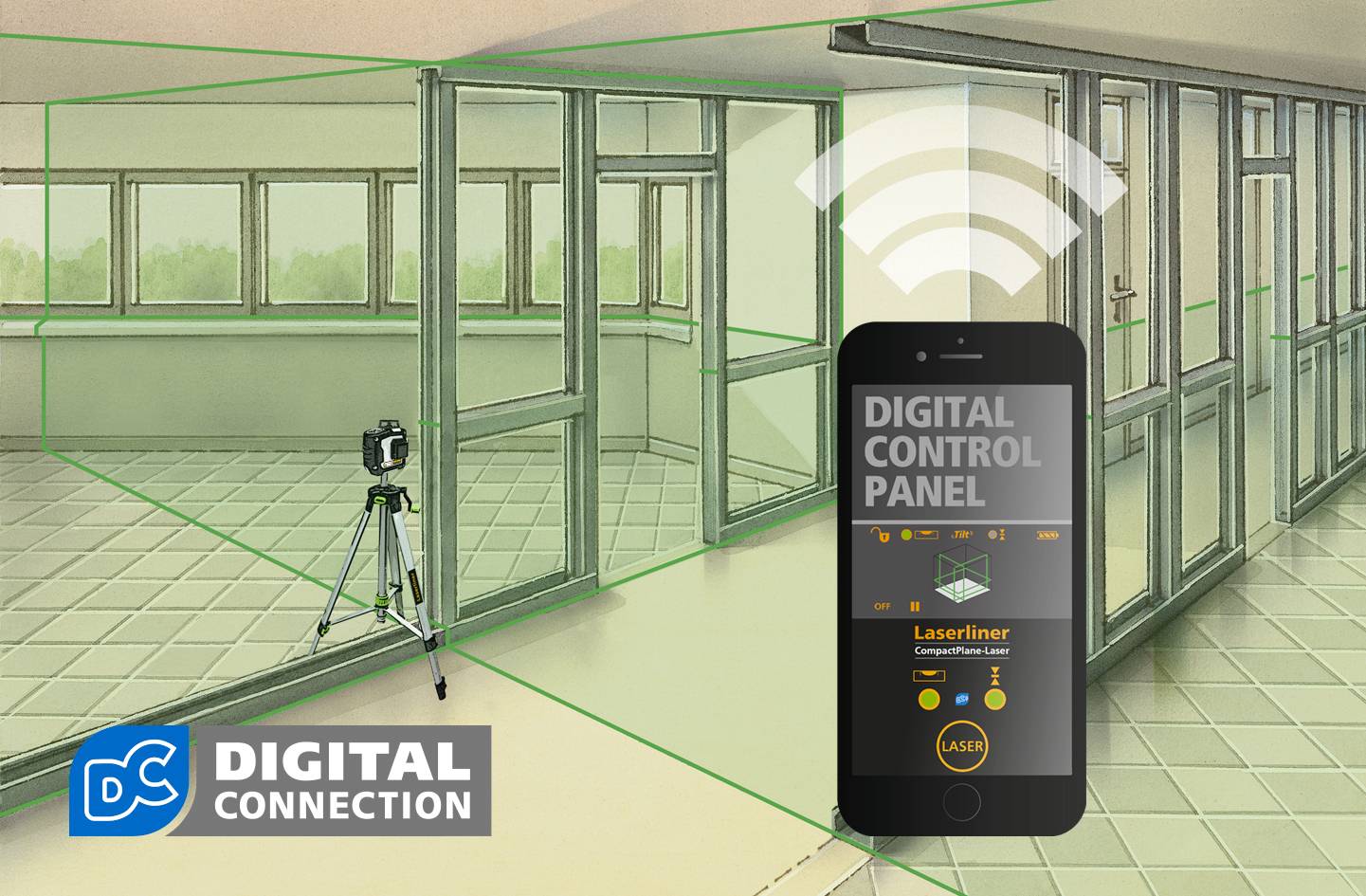 Ein digital gesteuertes Lasermessgerät steht in einem Raum neben einem Smartphone, das die 