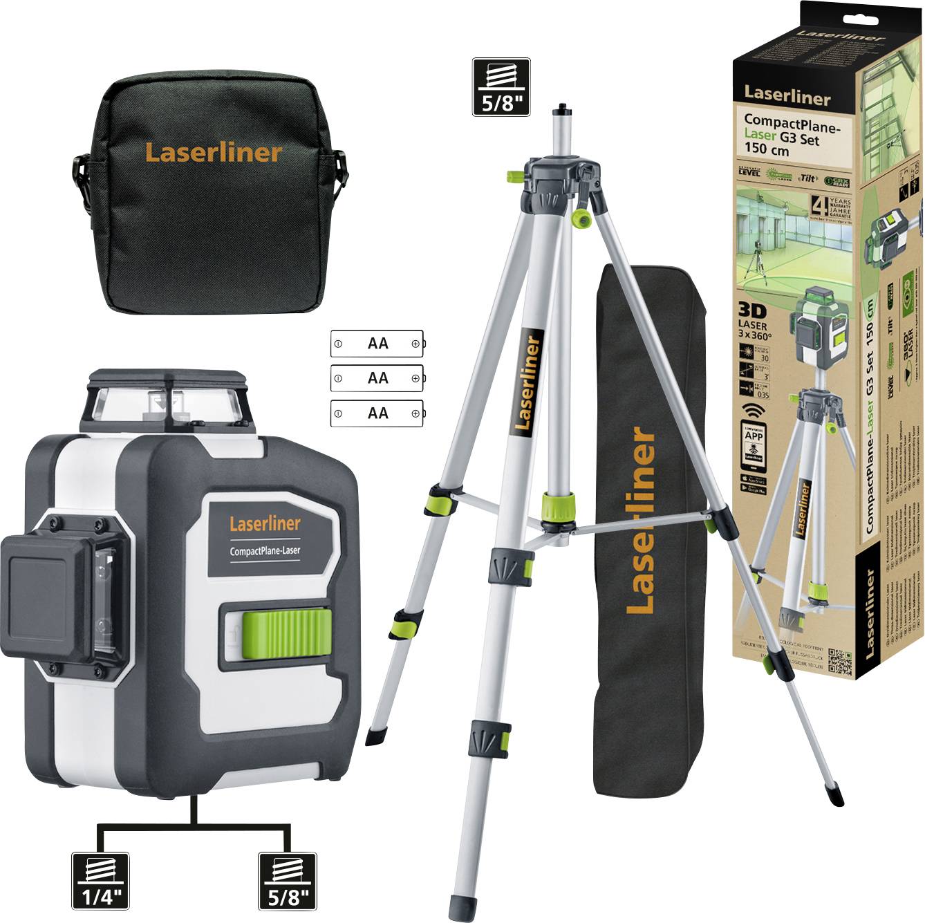 'Laserliner CompactPlane Laser G3 Set': Enthält Lasergerät, Stativ, Transporttasche, Batterien, Verpackung. Geeignet für präzise Laseranwendungen.