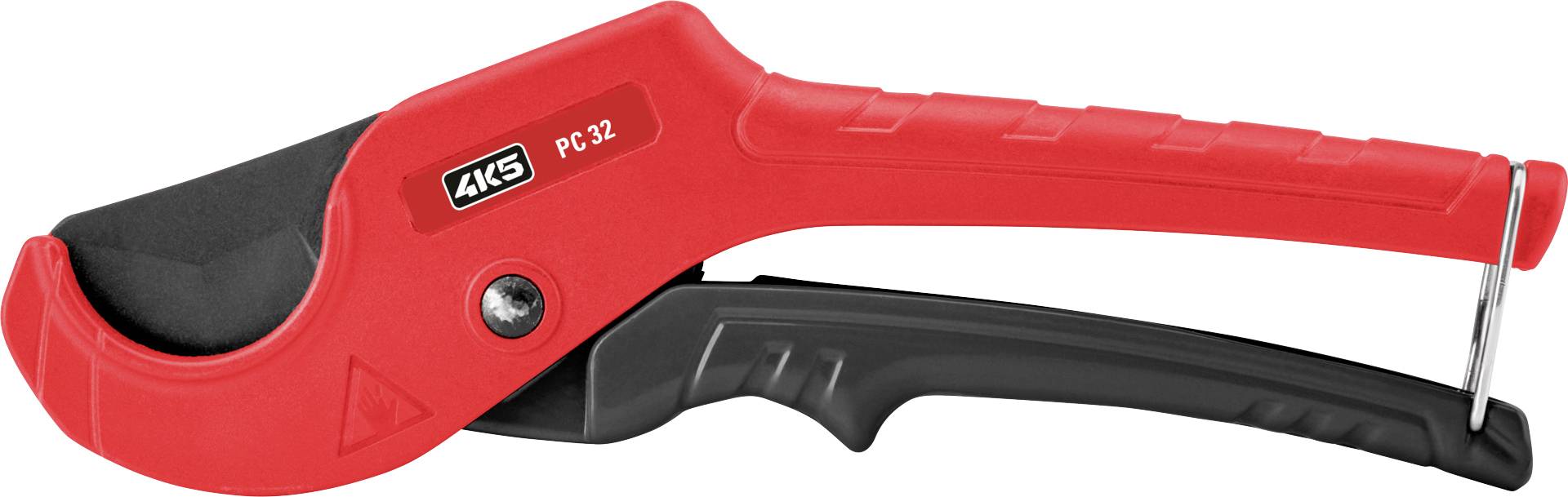 Eine rote Rohrschere mit schwarzem Griff, geeignet zum Schneiden von Kunststoffrohren.