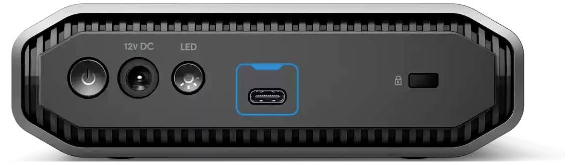 Eine externe Festplatte mit zwei runden Anschlüssen, einer USB-C-Buchse, einem LED-Licht und einem Sicherheitsschloss-Symbol auf der Vorderseite.