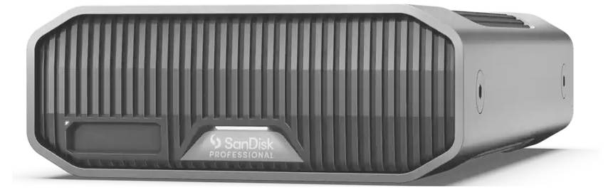 Eine externe SanDisk-Festplatte in einem robusten, gerippten Gehäuse. Markierung 'SanDisk PROFESSIONAL' sichtbar auf der Vorderseite.