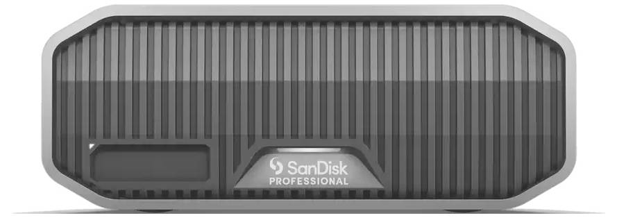 Externe Festplatte von SanDisk Professional mit robustem Design, geeignet für Speicherlösungen im professionellen Bereich.