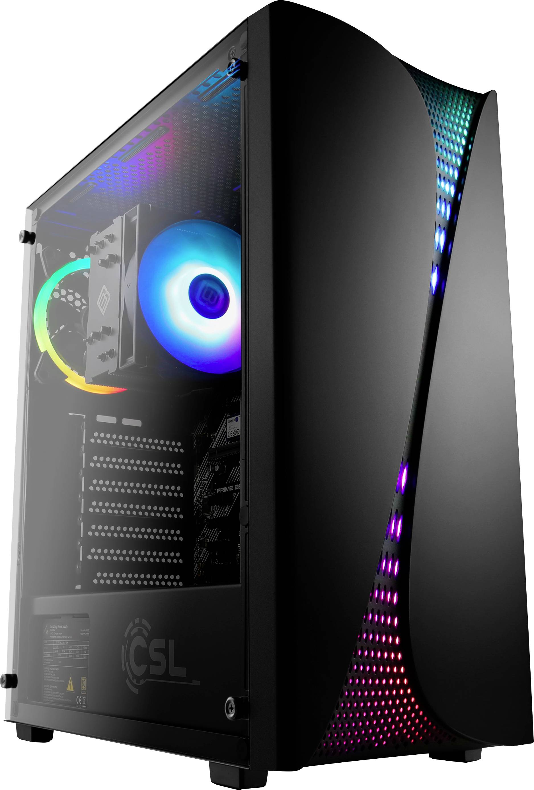 Schwarzer Computer mit beleuchteten Lüftern und transparenter Seitenwand, die RGB-Beleuchtung zeigt. Hochwertiges Gamer-PC-Gehäuse.