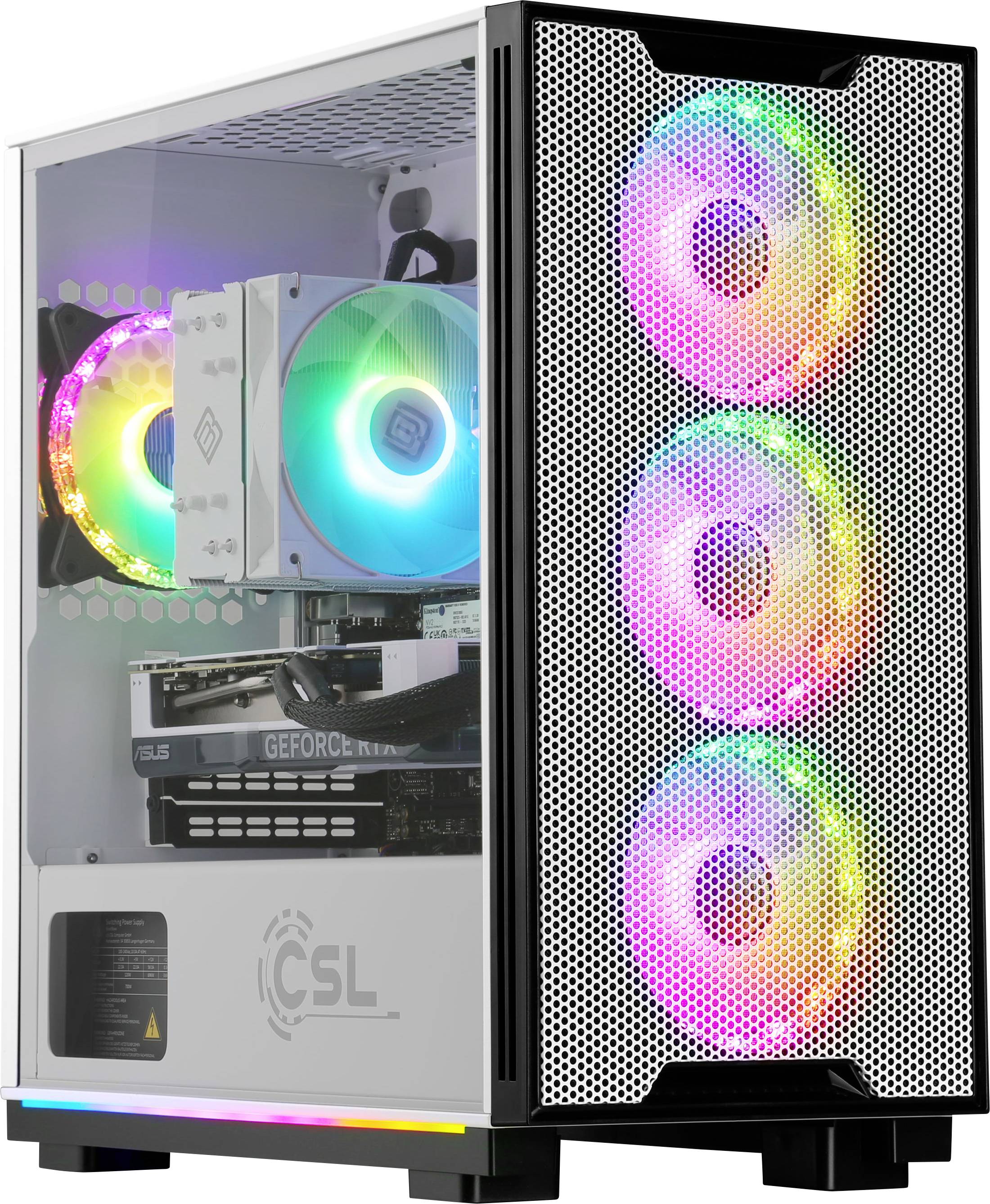 Ein Computergehäuse mit drei vorderen und einem hinteren RGB-Lüfter. Sichtbare Innenteile: Grafikkarte und Kühlungssystem.