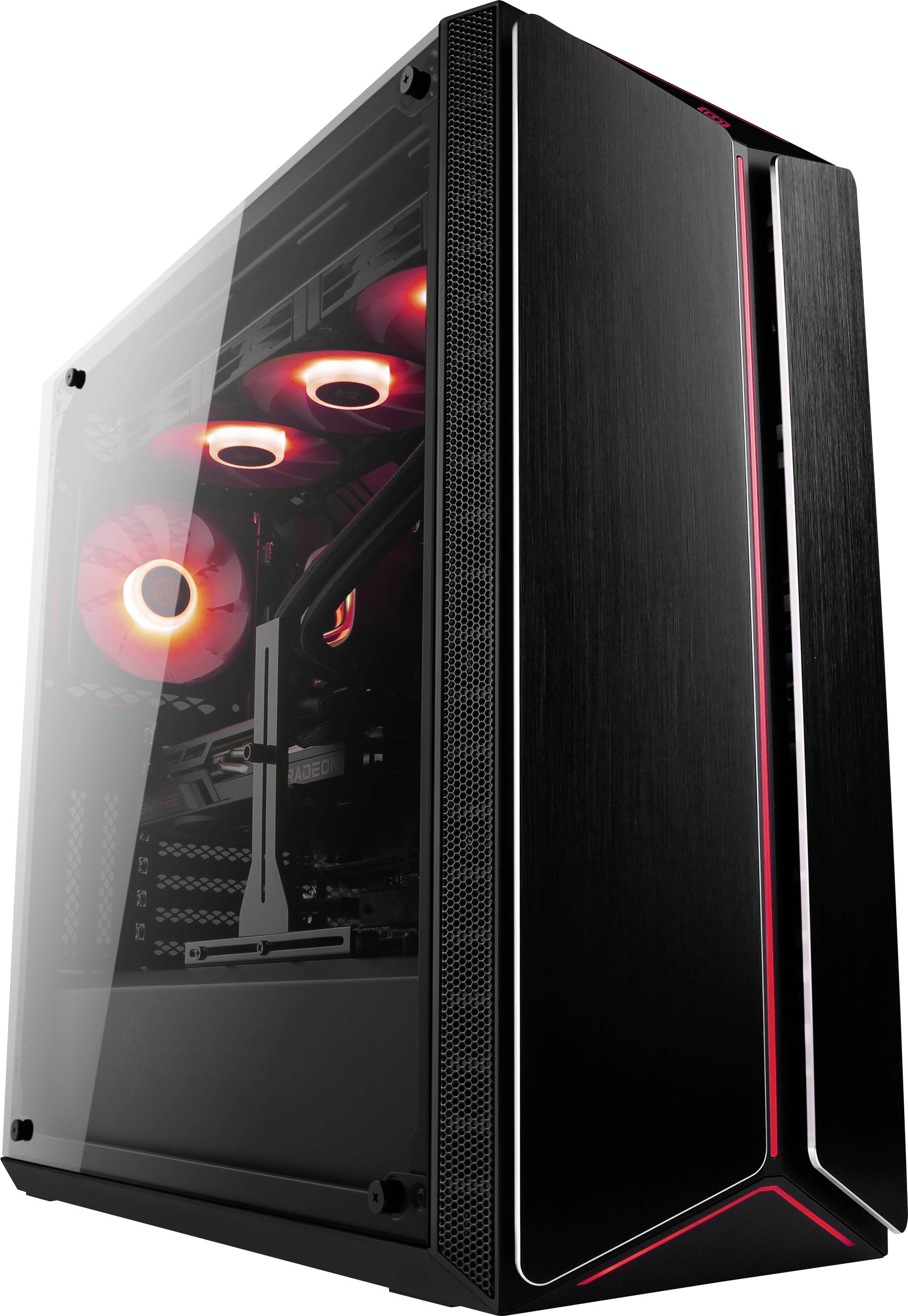 Ein moderner Computer-Tower mit glattem schwarzen Gehäuse und roter LED-Beleuchtung innen, sichtbar durch ein Glaspanel.