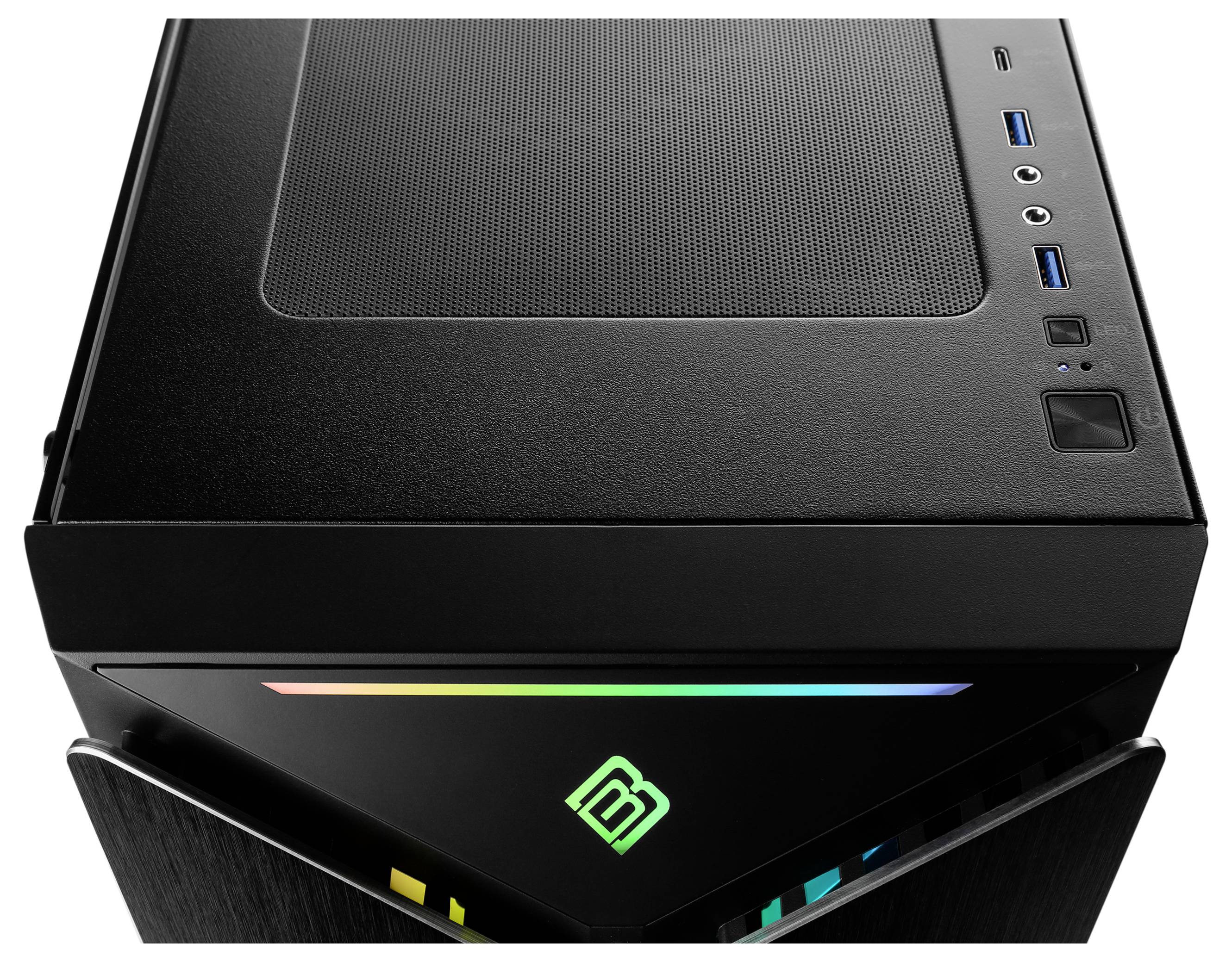 Schwarzes Computergehäuse mit RGB-Leuchten auf der oberen linken Ecke und mehreren Anschlüssen auf der Oberseite.