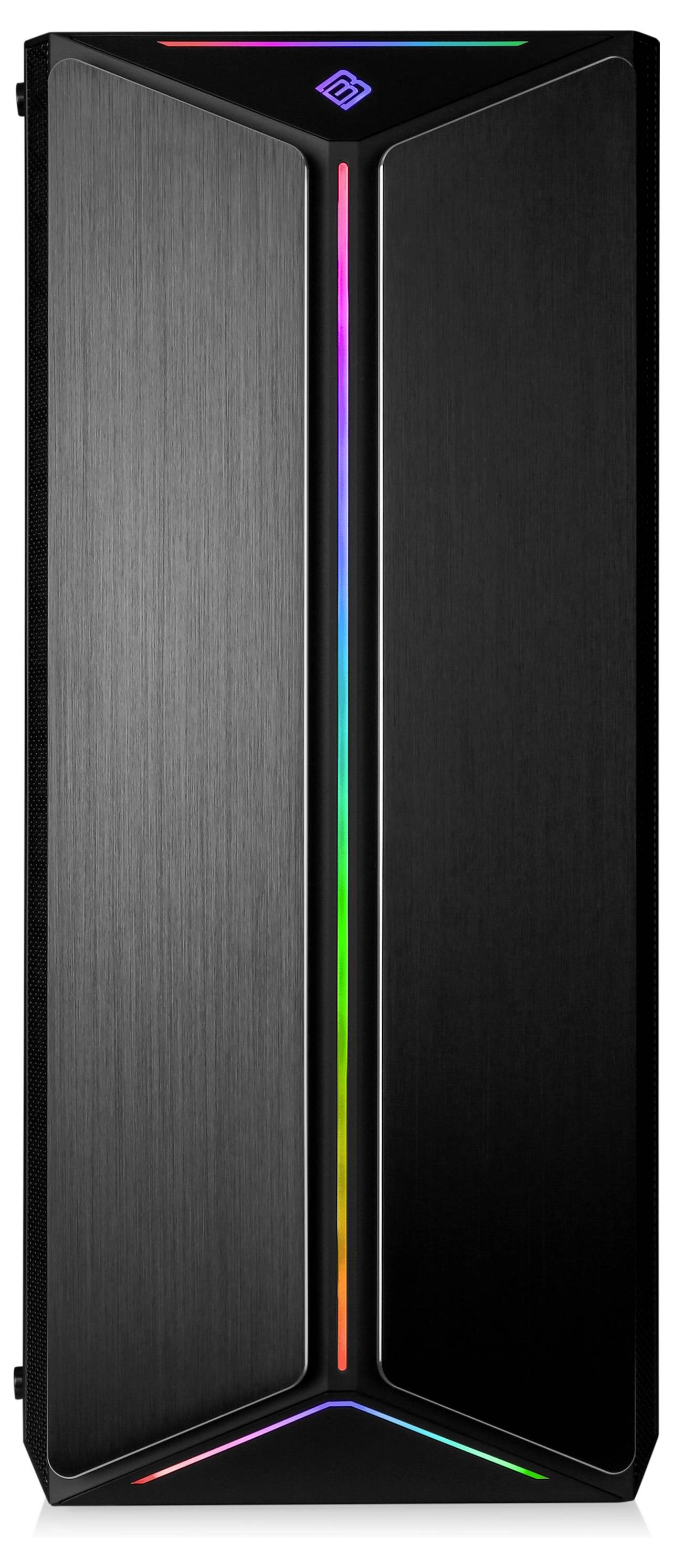 Ein schwarzes Computergehäuse mit vertikalem RGB-Lichtstreifen in der Mitte, modern gestaltet mit Metallakzenten und Logo oben.