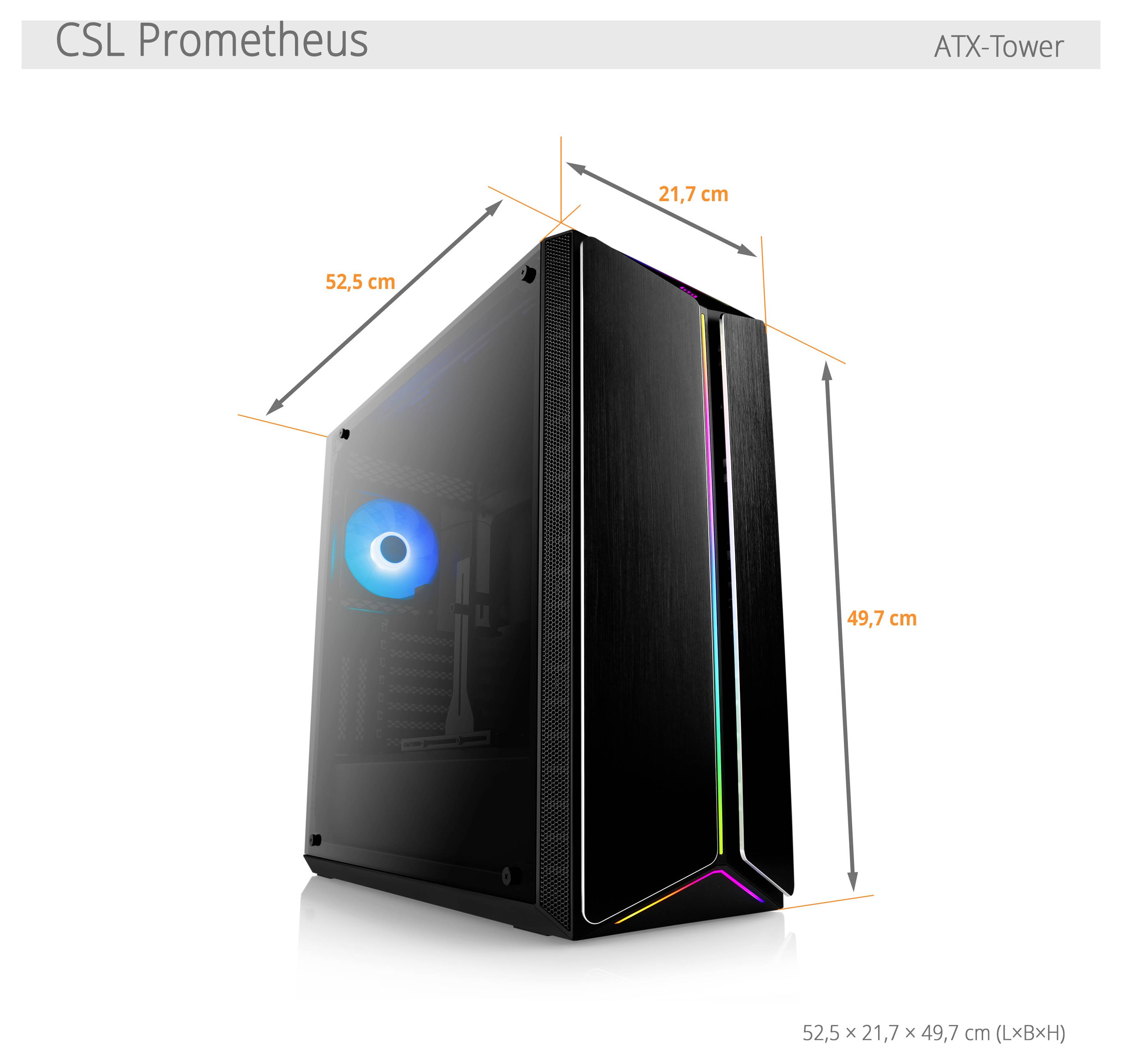 CSL Prometheus ATX-Tower Gehäuse, schwarz mit RGB-Beleuchtung. Maße: 52,5 cm hoch, 21,7 cm breit, 49,7 cm tief.