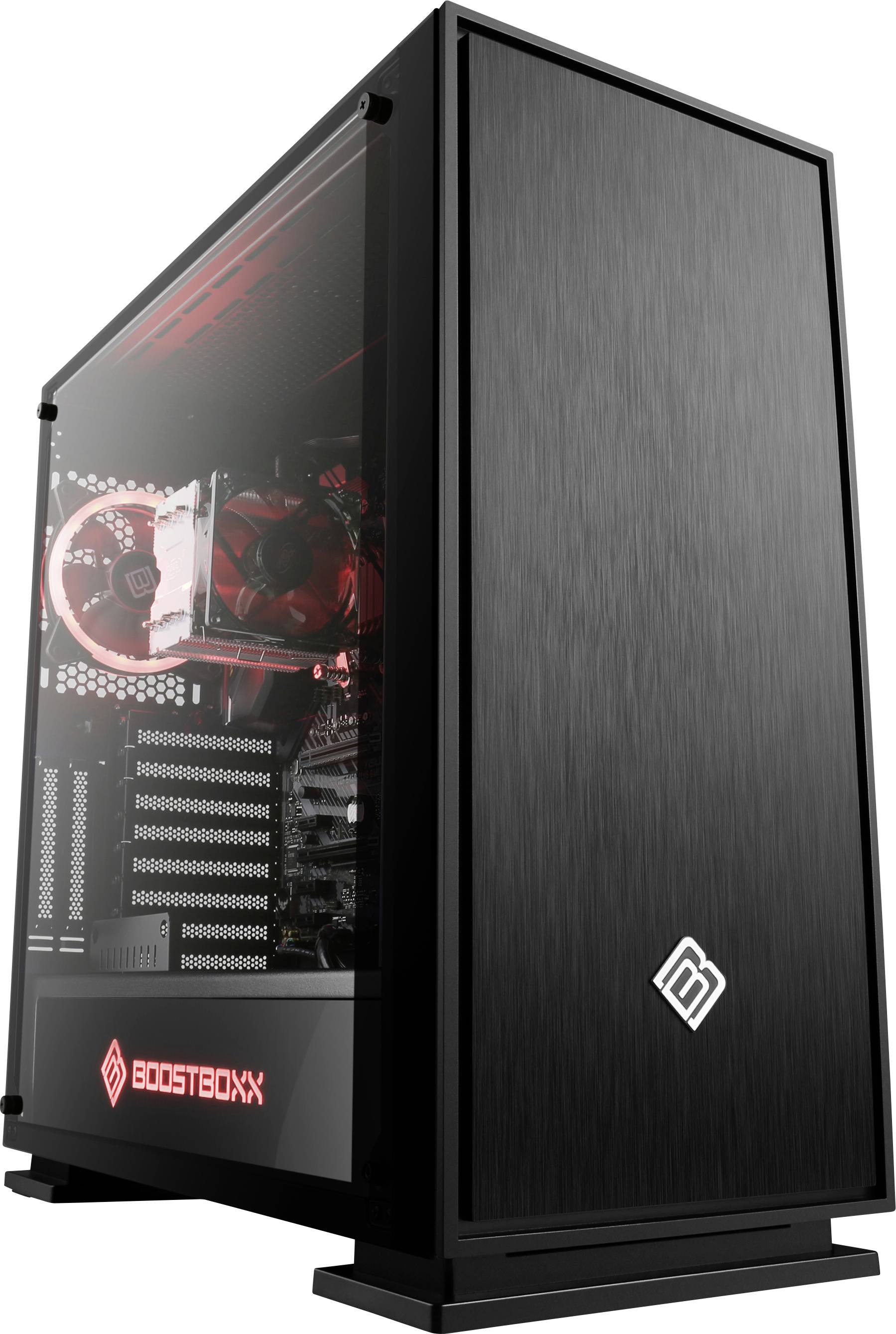 Ein schwarzes Computergehäuse mit durchsichtigem Seitenfenster zeigt leuchtende rote LED-Komponenten im Inneren.
