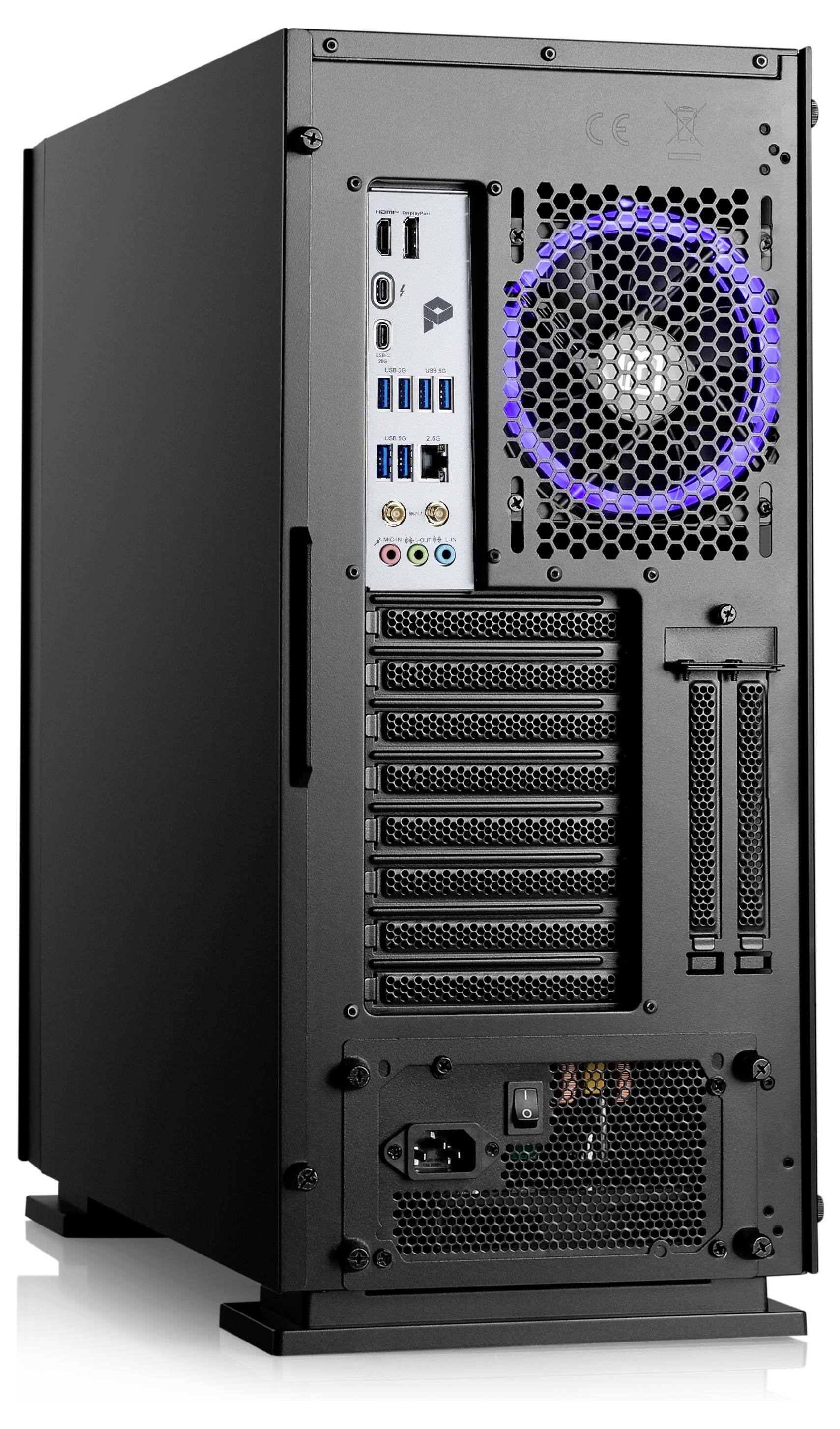 Ein Desktop-Computer zeigt die Rückseite mit mehreren USB-Anschlüssen, Audiobuchsen, einem blauen Lüfter und einem Netzanschluss.