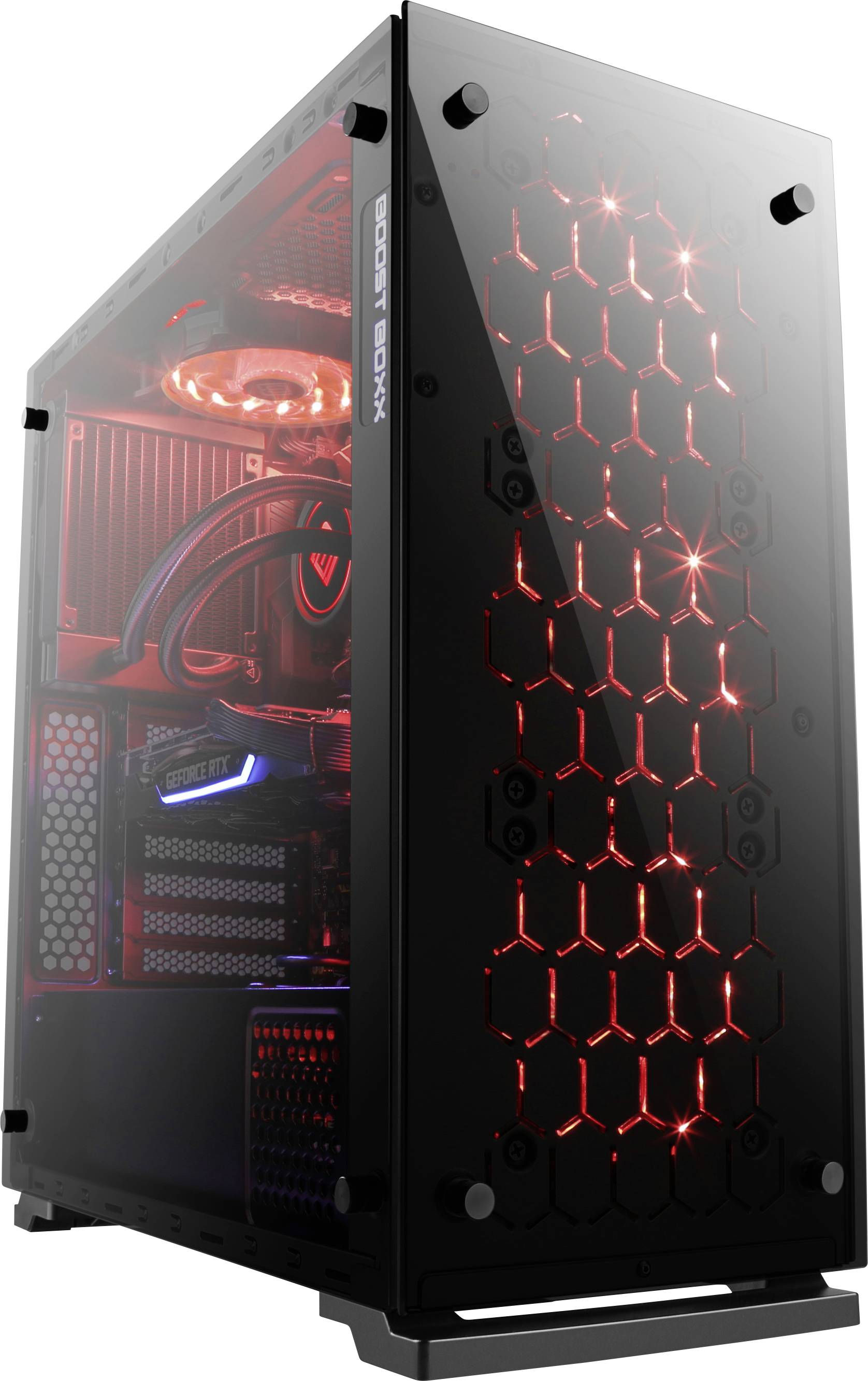 Ein leistungsstarker Gaming-PC-Tower mit roter LED-Beleuchtung ist zu sehen. Der durchsichtige Seitenglasdeckel offenbart die interne Hardware.