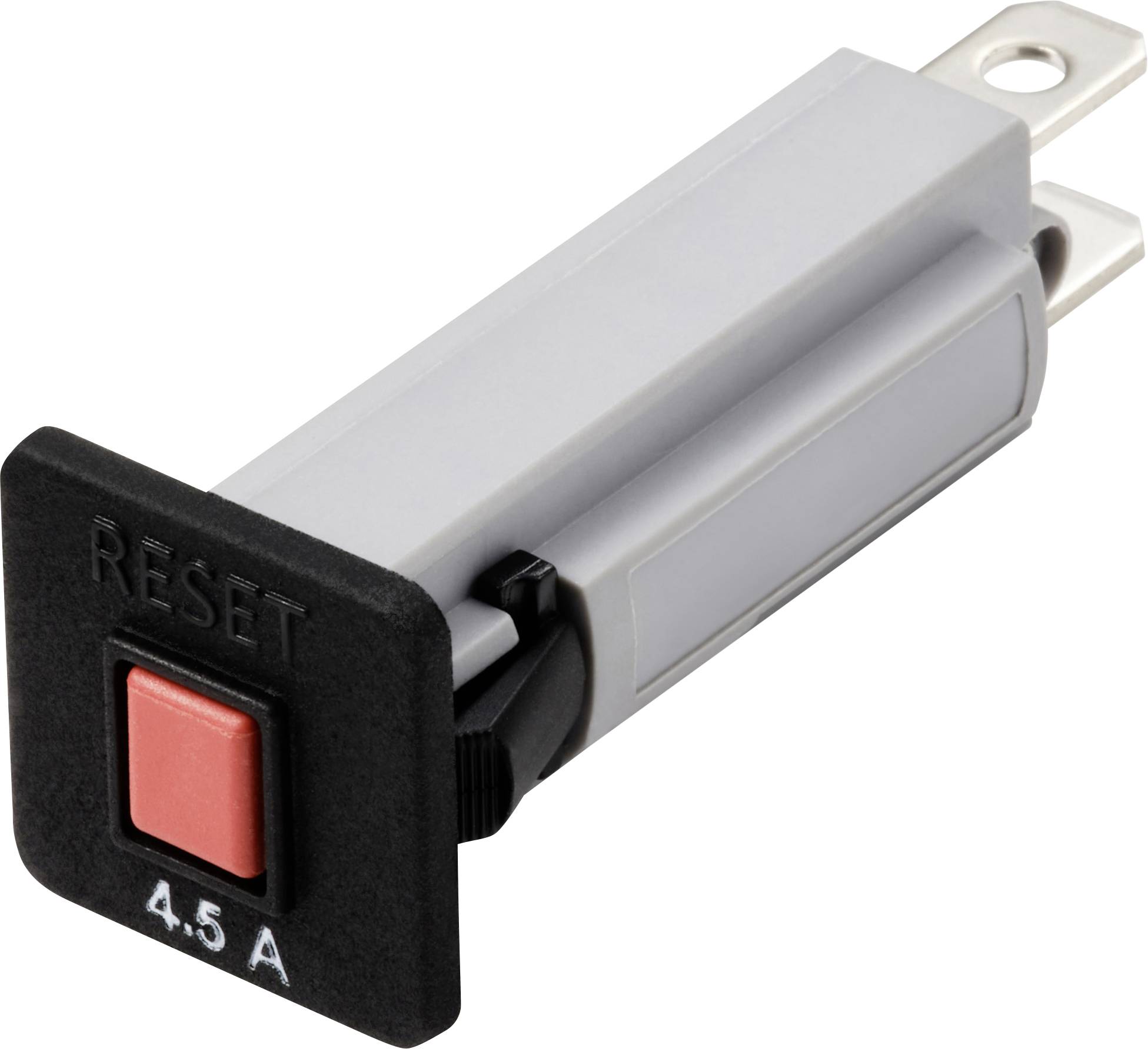 Ein grauer elektrischer Schalter mit rotem Knopf und der Aufschrift 'RESET 4.5 A', verwendet zur Stromsteuerung.