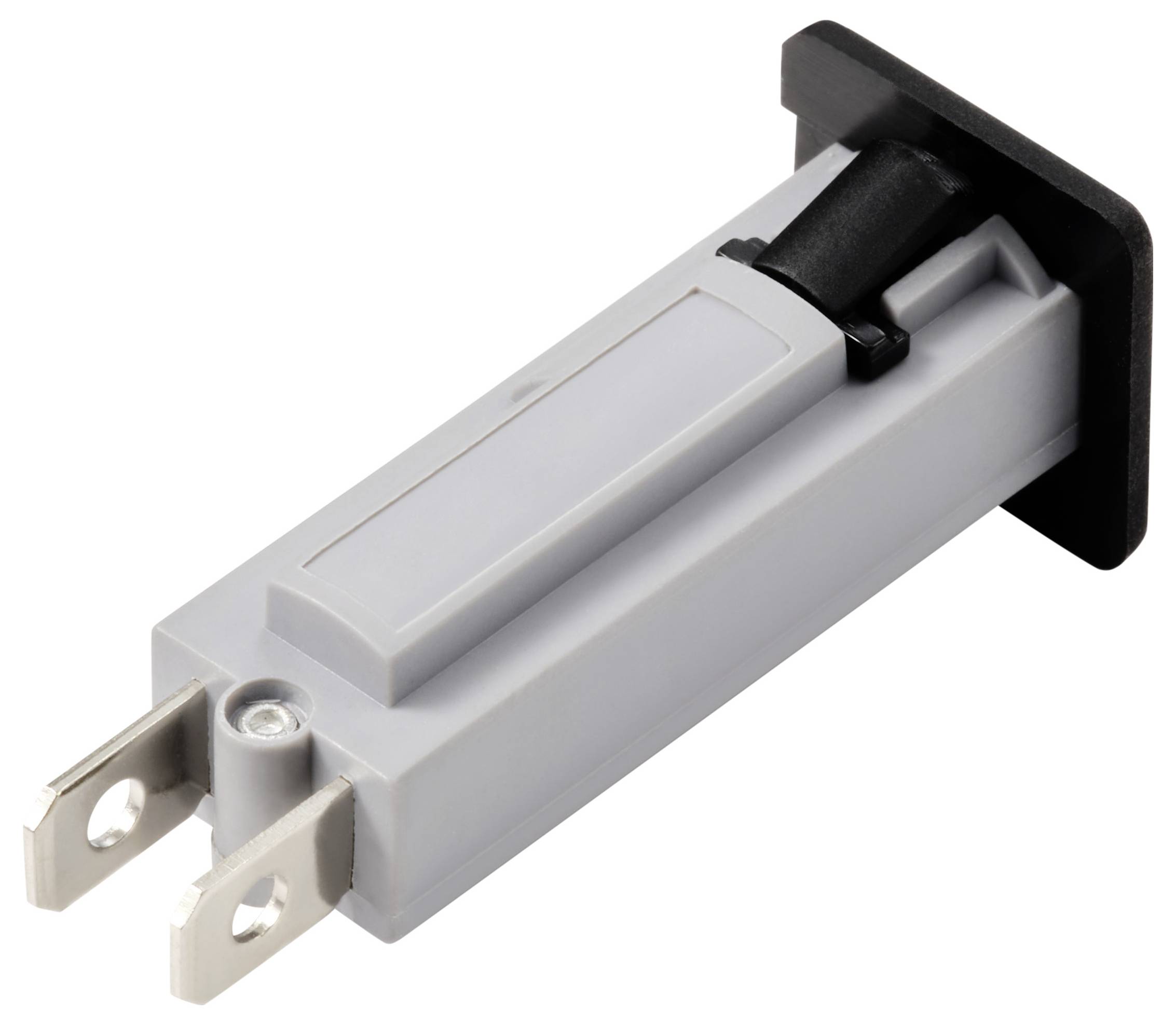 Ein grauer Kunststoffstecker mit zwei metallischen Anschlussstiften und einem schwarzen Griff.