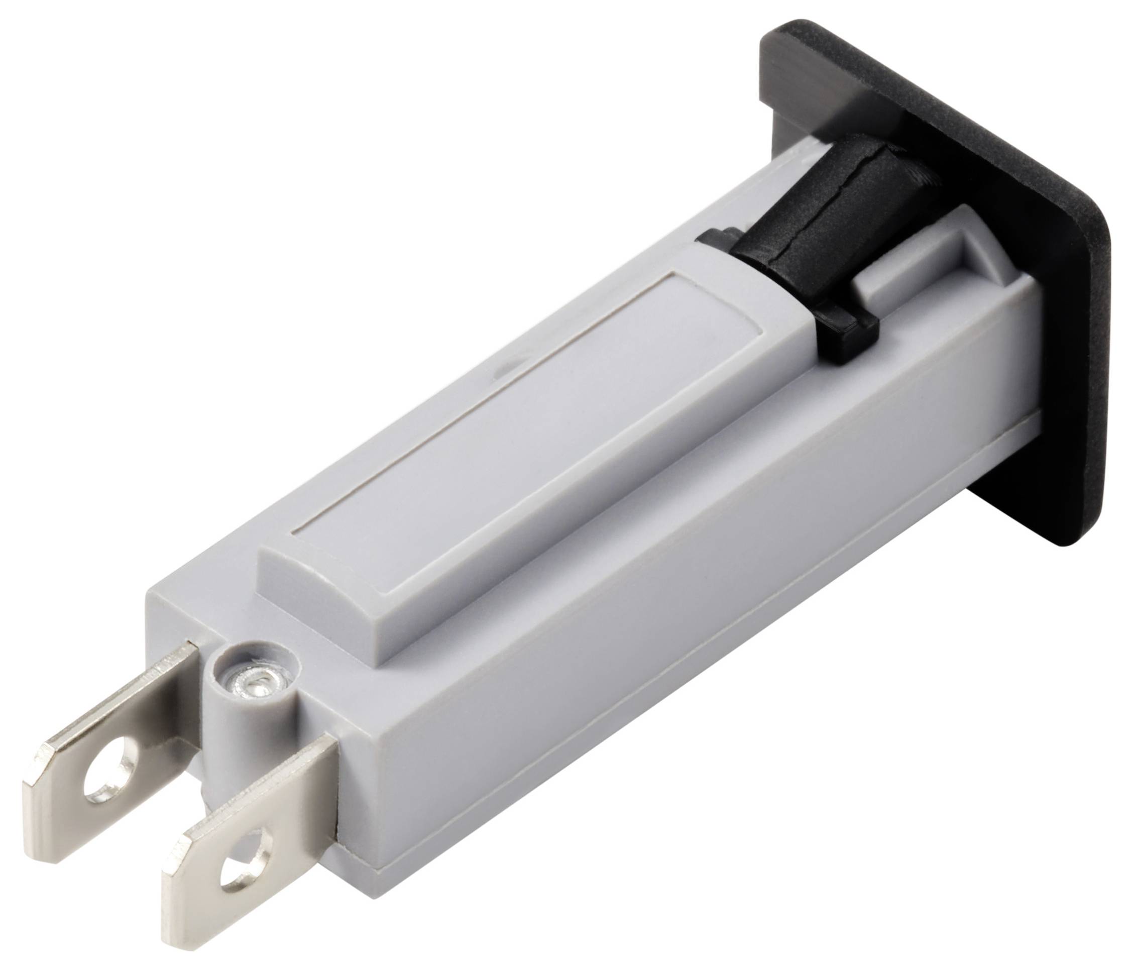 Grauer rechteckiger Elektrosteckeradapter mit zwei Metallstiften und schwarzer Abdeckung. Designed für technische Anschlüsse.