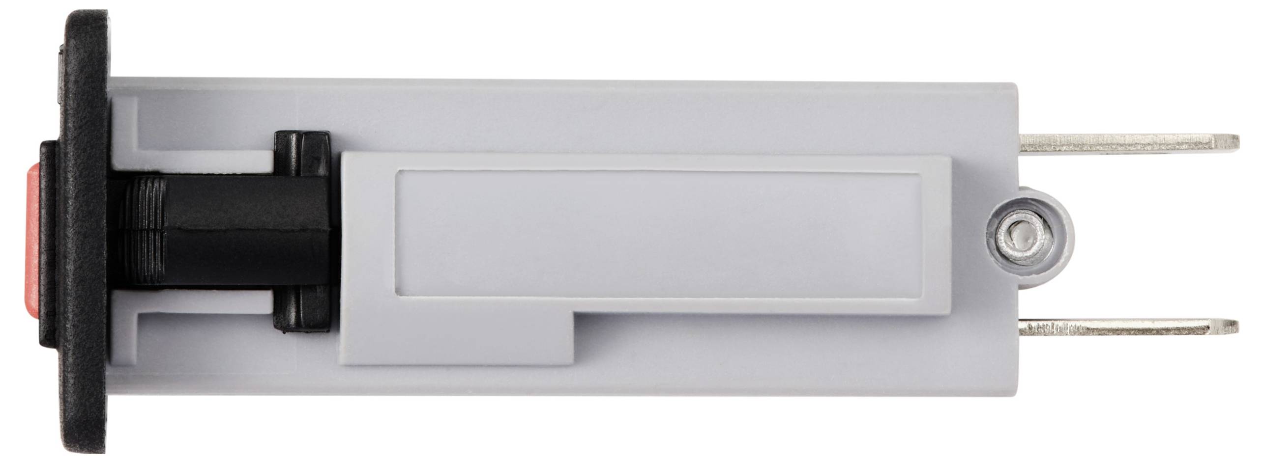 Ein rechteckiger, grauer Plastik-Bauteiladapter mit zwei Metallstiften und einer seitlichen schwarzen Komponente auf weißem Hintergrund.