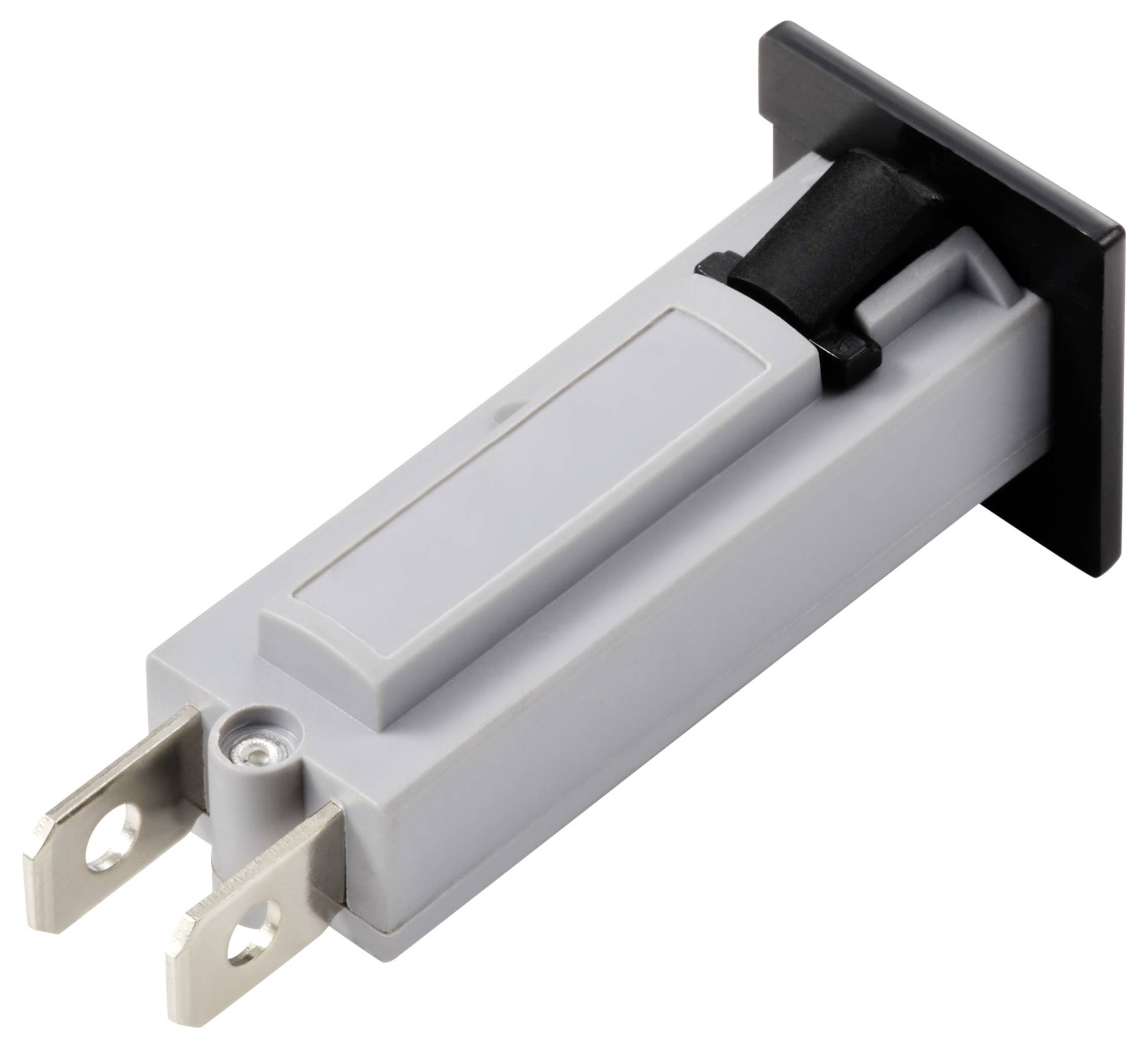 Elektronisches Bauteil mit zwei Metallanschlüssen und schwarzem Plastikhalter.