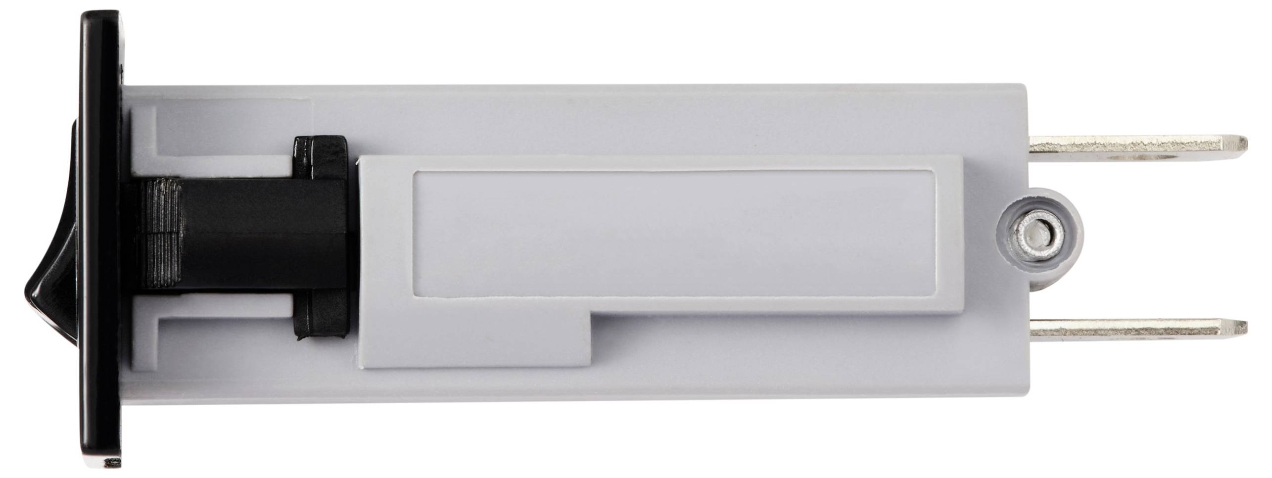 Ein rechteckiger, flacher Kunststoffstecker mit zwei Metallstiften und einem schwarzen Griff, der rechts ausgerichtet ist.