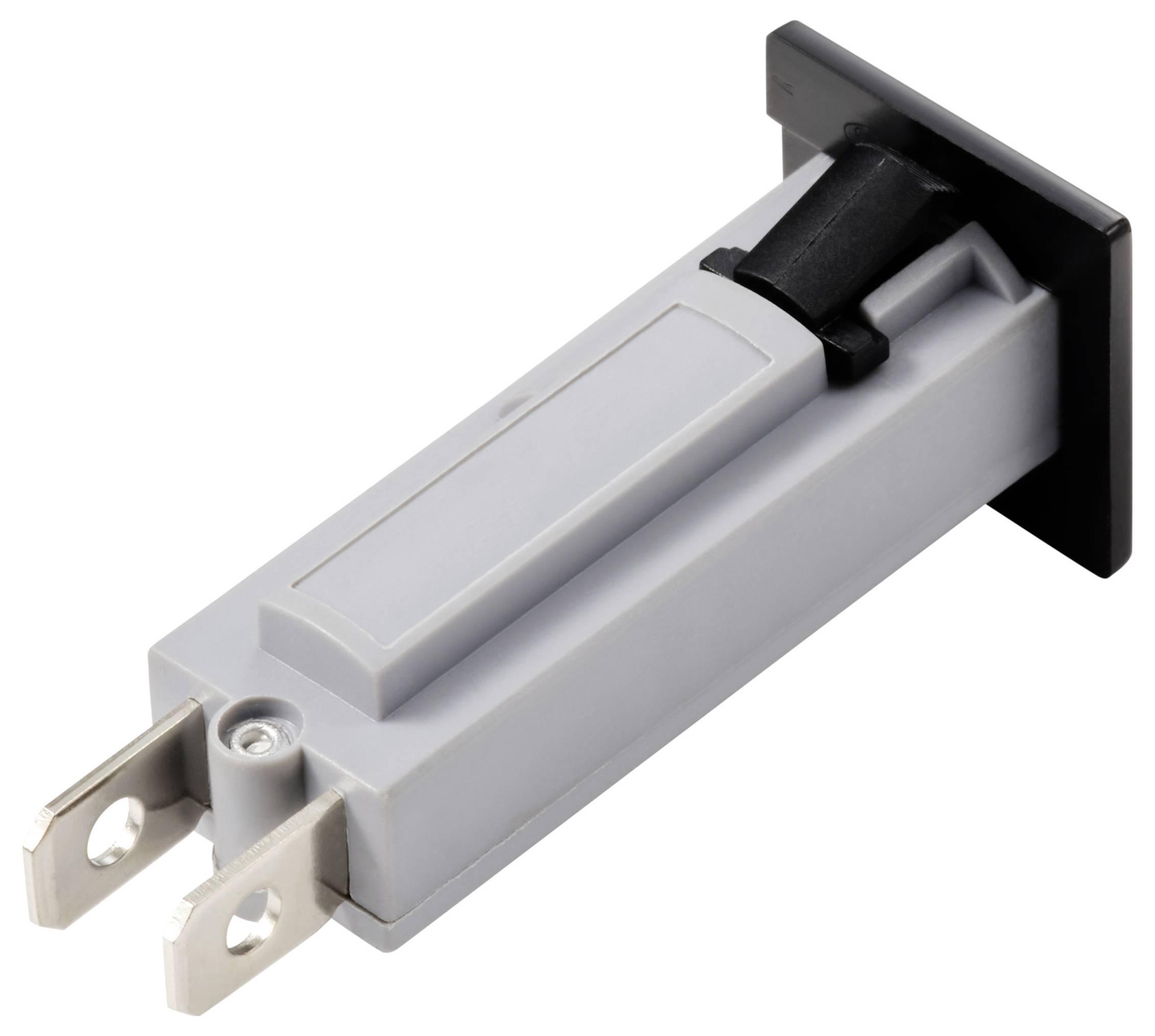 Ein rechteckiger, grauer Sicherungsautomat mit zwei Metallklemmen und schwarzem Griff, wahrscheinlich zur elektrischen Absicherung.