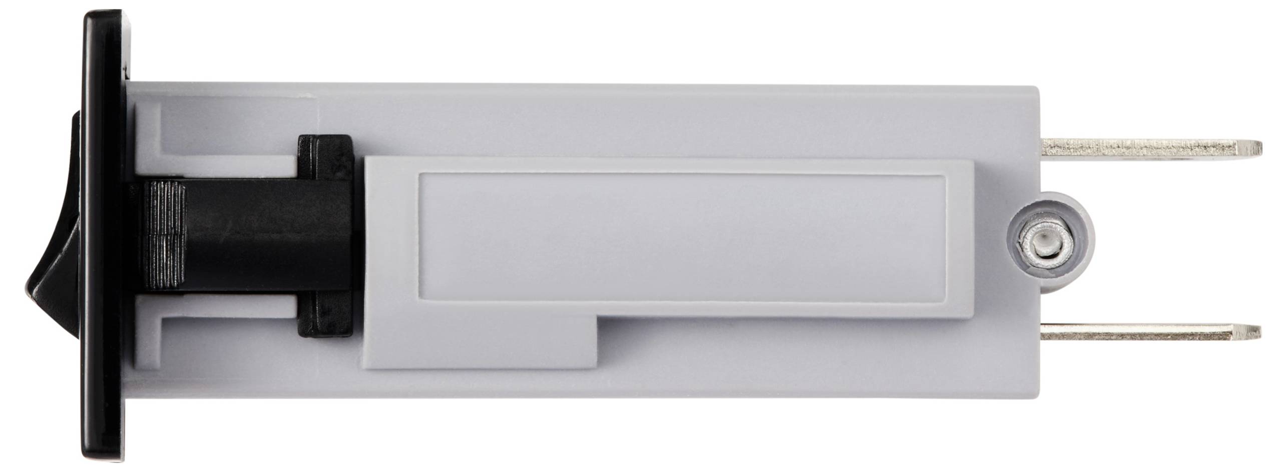 Ein graues Gerät aus Kunststoff mit einem schwarzen Schalter und zwei Metallstiften, vermutlich ein elektronisches Bauteil.