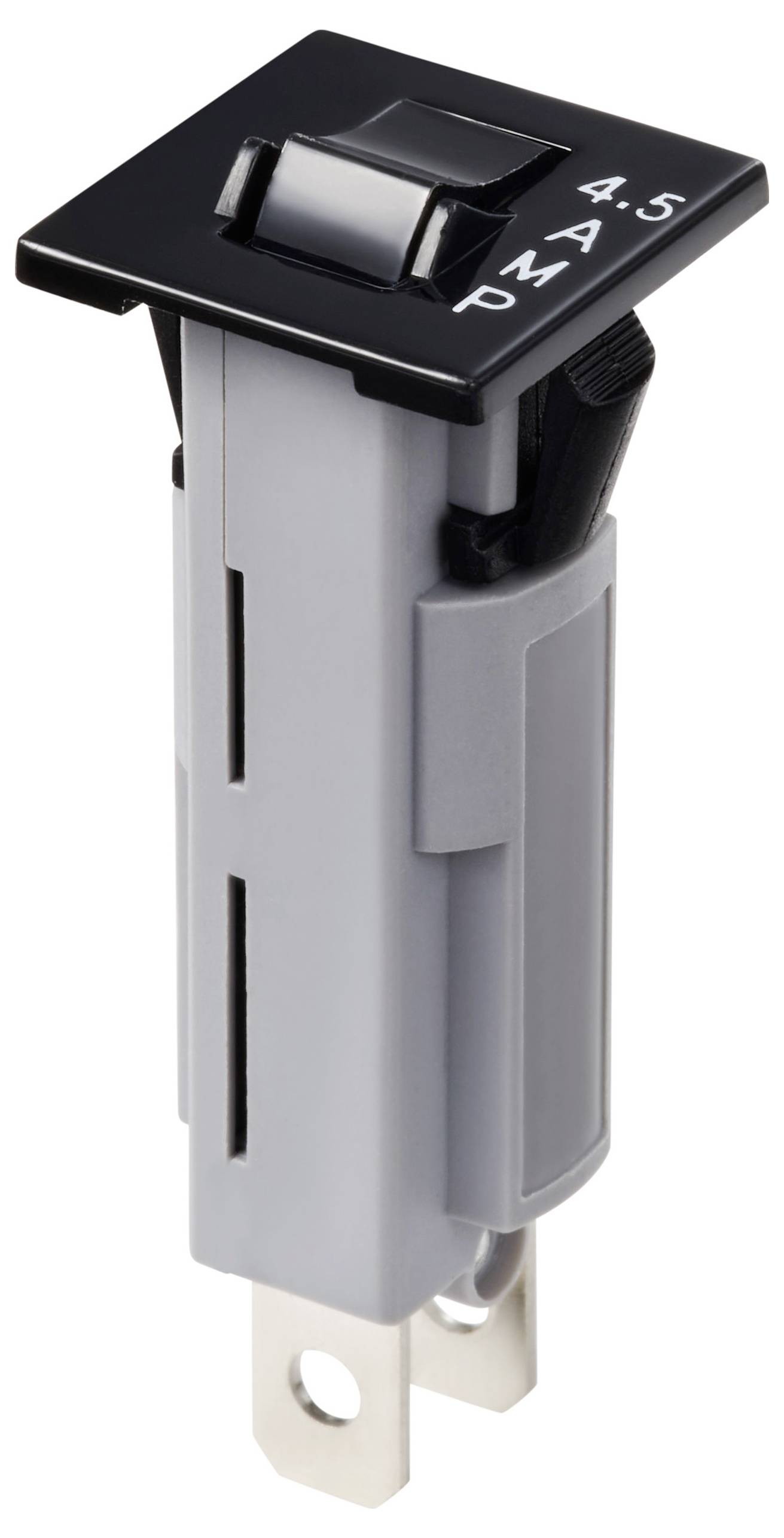Ein grauer Sicherungsautomat mit schwarzer Taste, gekennzeichnet mit '4.5 AMP'. Verwendet zur Absicherung elektrischer Stromkreise.