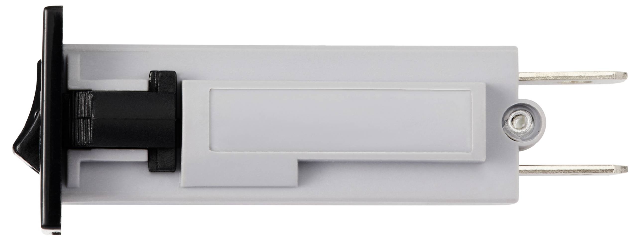Grauer, rechteckiger Steckeradapter mit zwei Metallstiften und schwarzem Schiebeschalter, seitliche Ansicht.