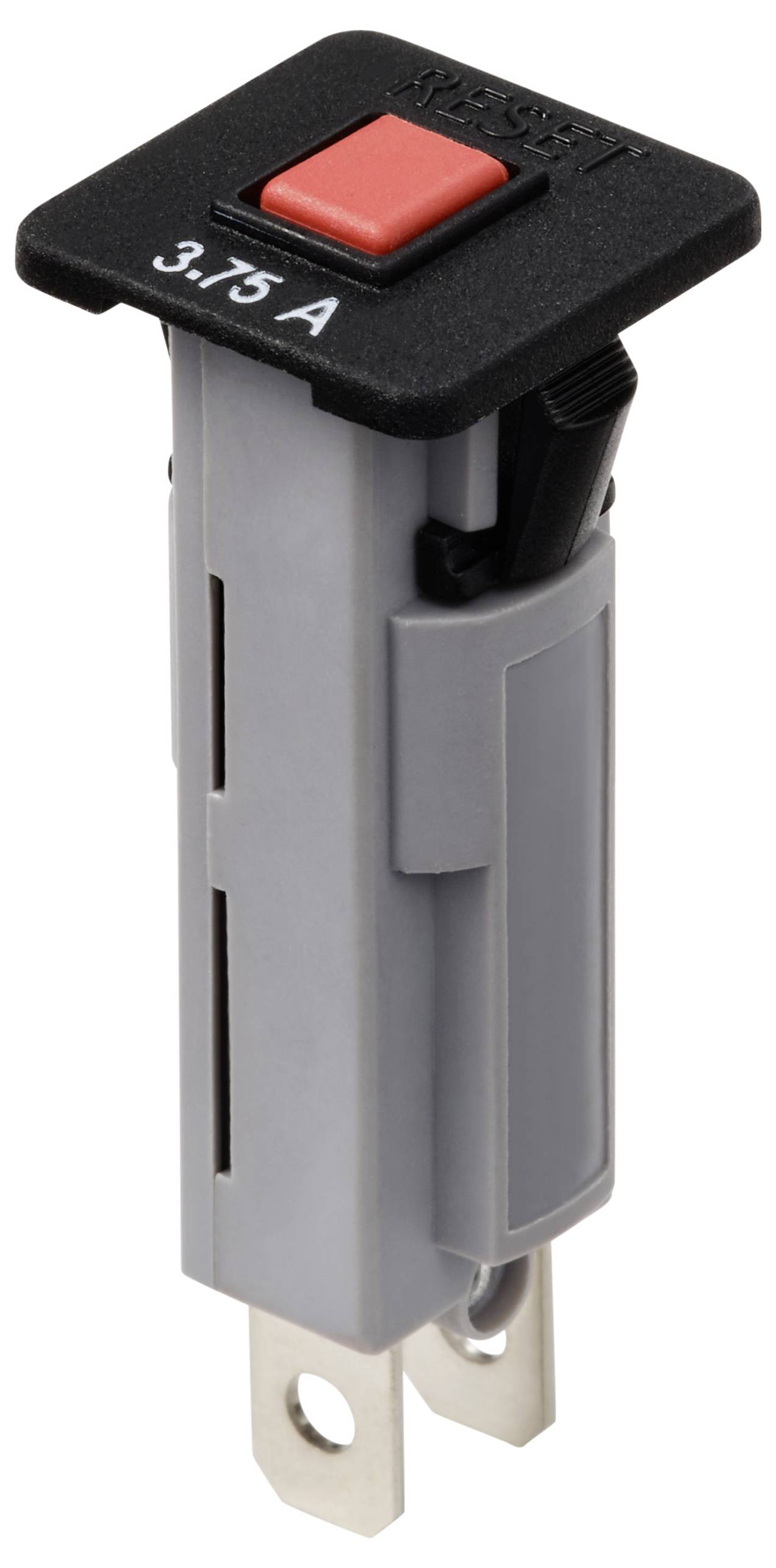 Ein schwarzer und grauer Stromkreisunterbrecher mit rotem Knopf und Aufschrift '3.75 A', verwendet in elektrischen Schaltkreisen.