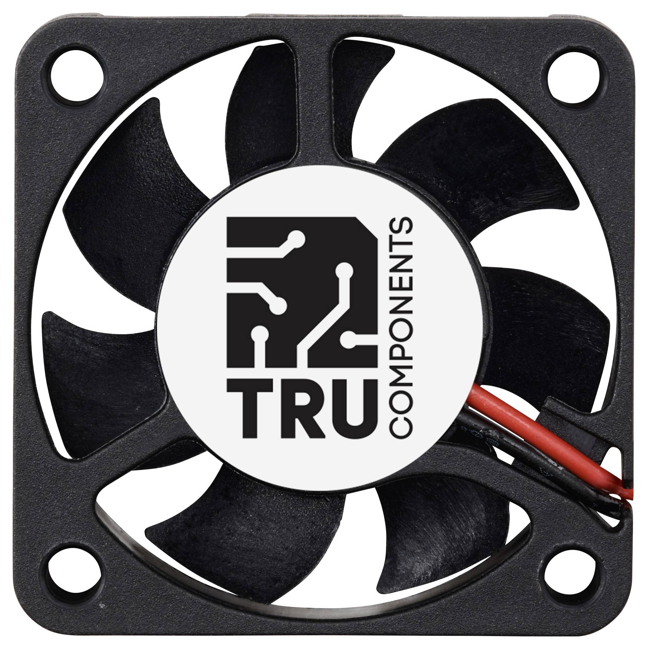 Kleiner schwarzer Lüfter mit sechs Rotorblättern und dem Logo von 'TRU Components' in der Mitte. Zwei Kabel ragen aus dem Lüfter.