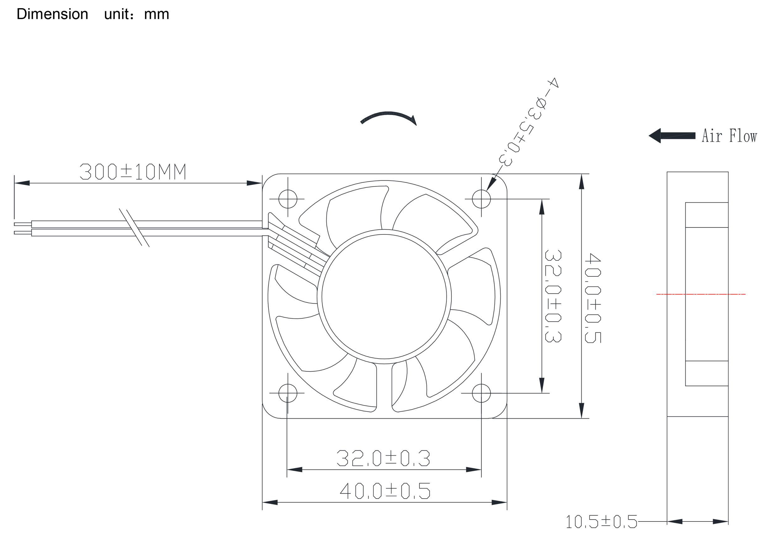 Technische Zeichnung eines Ventilators mit Maßen: 40x40x10 mm, Luftstromrichtung gezeigt, Details in Millimetern angegeben.