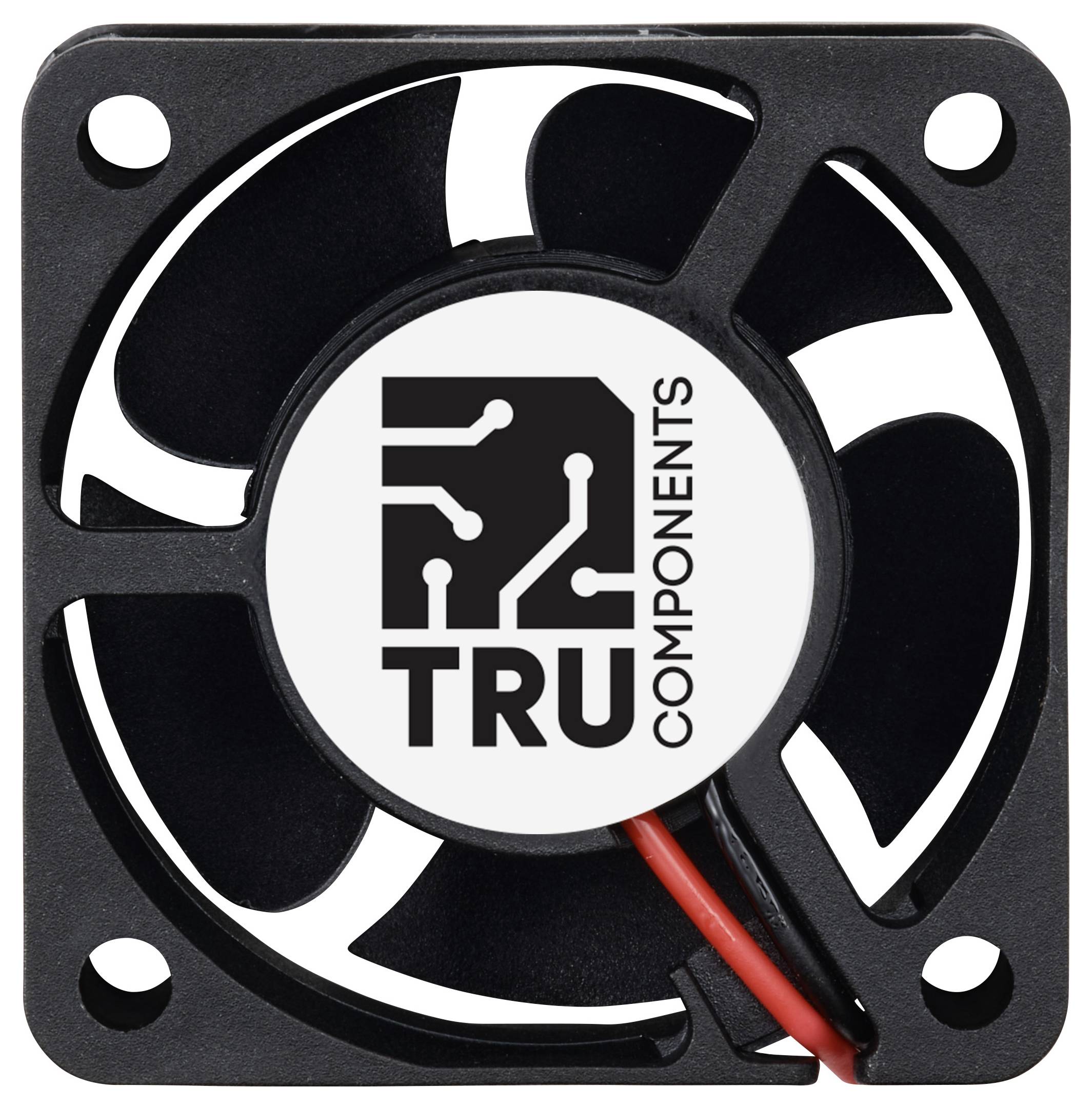 Ein quadratischer Lüfter mit dem Logo 'TRU COMPONENTS'. Der Lüfter hat schwarze Rotorblätter und ein rotes Kabel.
