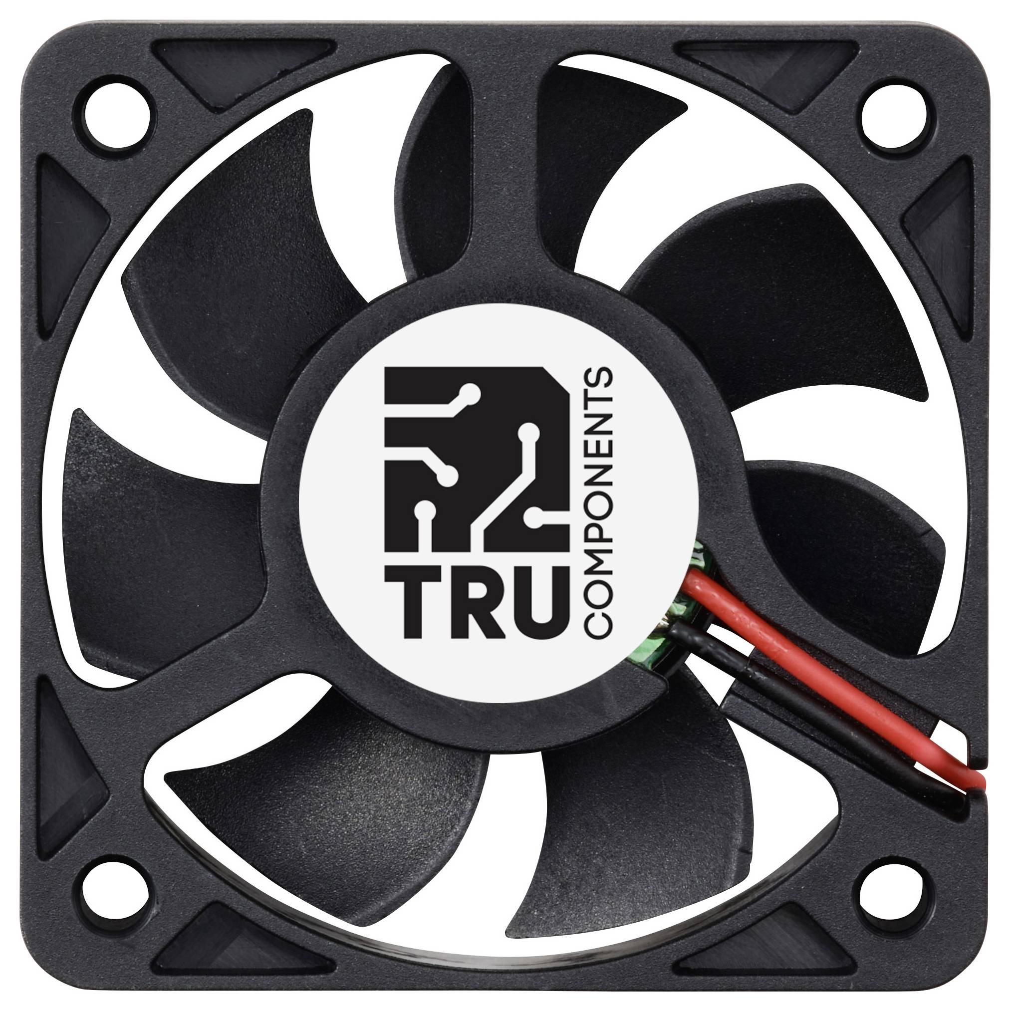 Kleiner schwarzer Lüfter von TRU COMPONENTS mit fünf Flügeln und roten sowie schwarzen Anschlusskabeln.