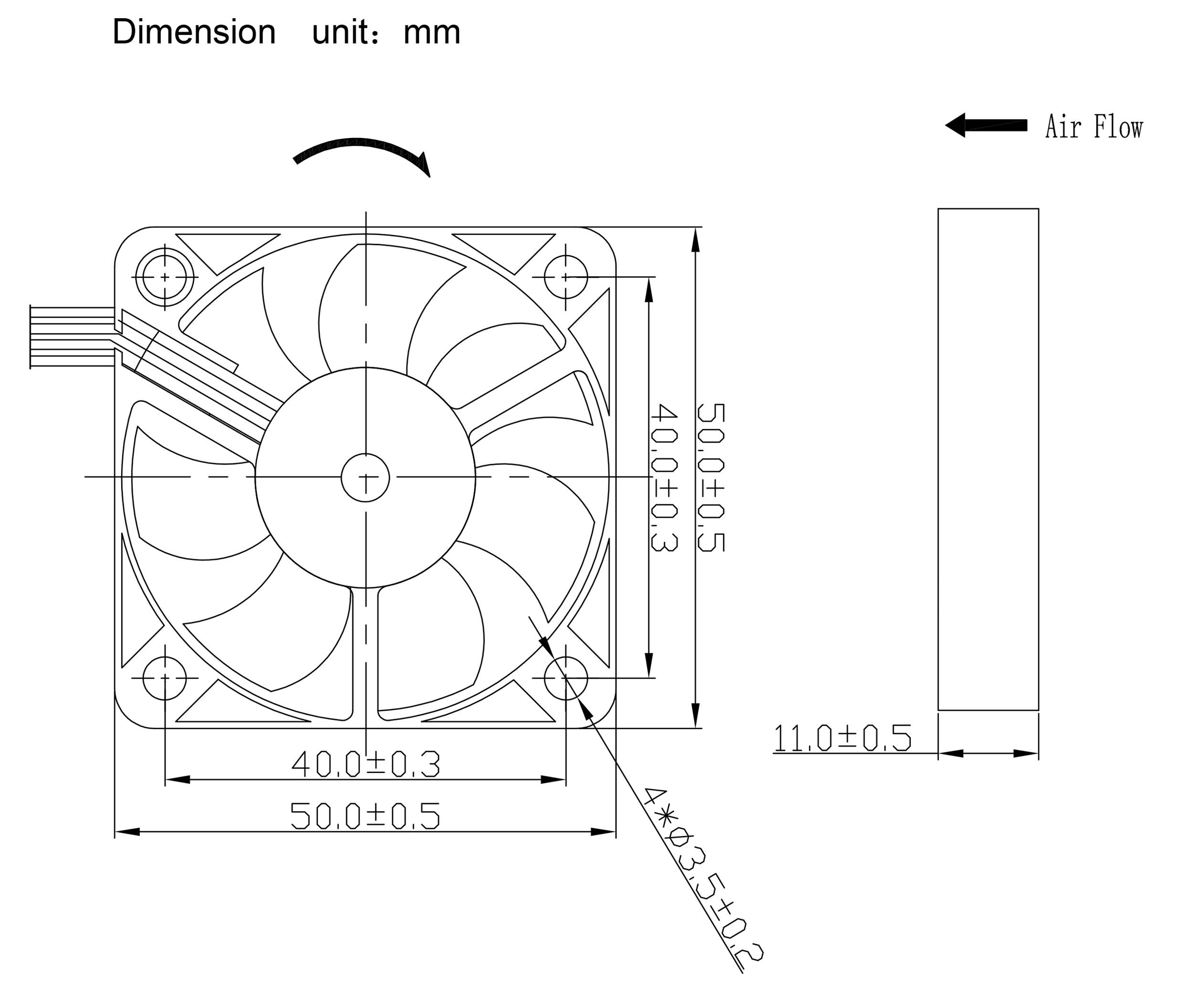 Zeichnung eines Lüfters mit Abmessungen: 50x50x11 mm. Details zur Montage und Luftstromrichtung angegeben. Einheit: mm.