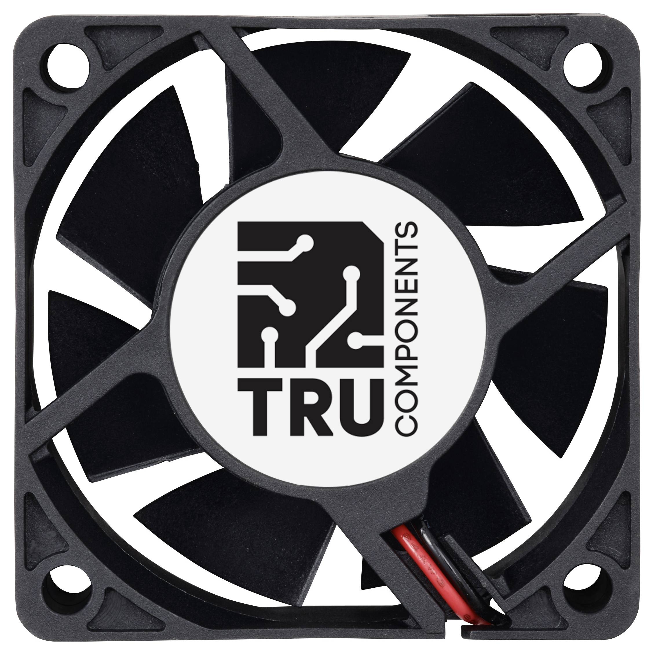 Ein schwarzer Computerlüfter mit einem TRU Components-Logo in der Mitte, das weiße Schaltkreise darstellt. Rot-schwarzes Kabel sichtbar.